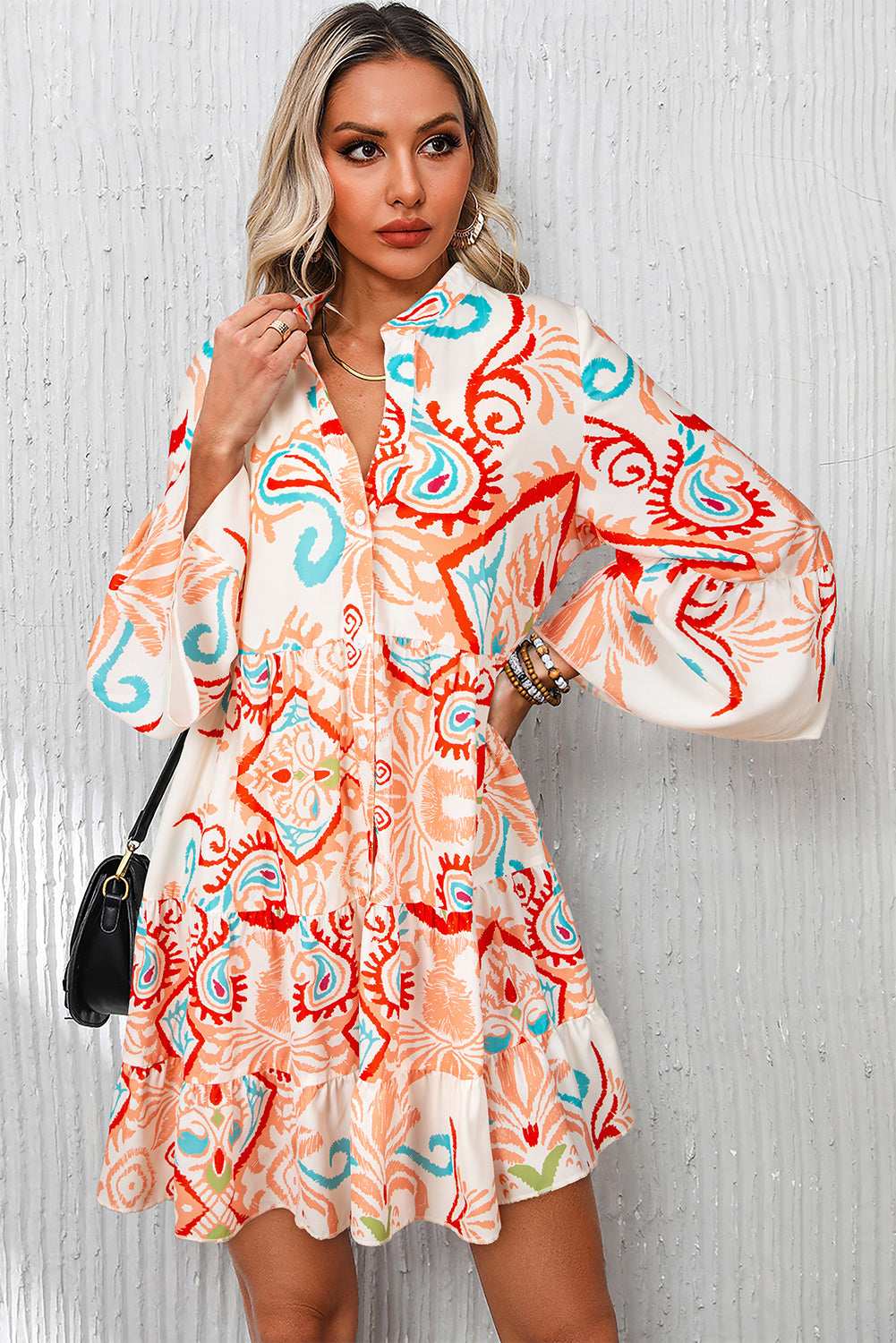 White Ethnic Print Boho Button Tiered Mini Dress c8141026cda8f451-_4