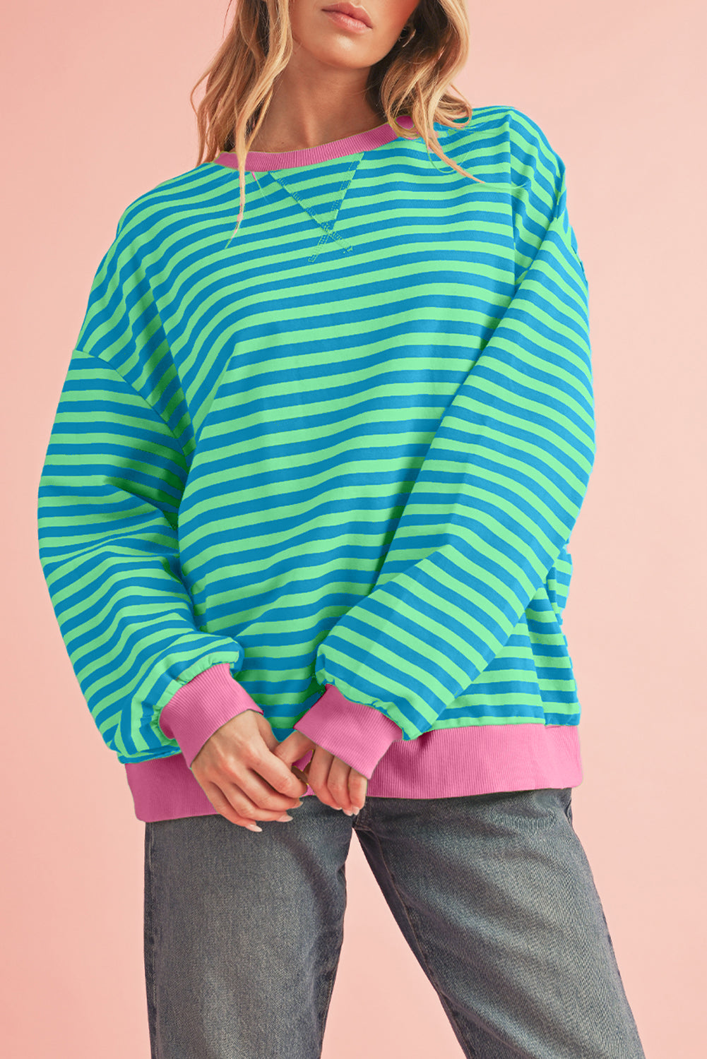 Black Stripe Contrast Edge Cross Seam Oversized Sweatshirt Sky Blue Stripe c81667cd07b7b428