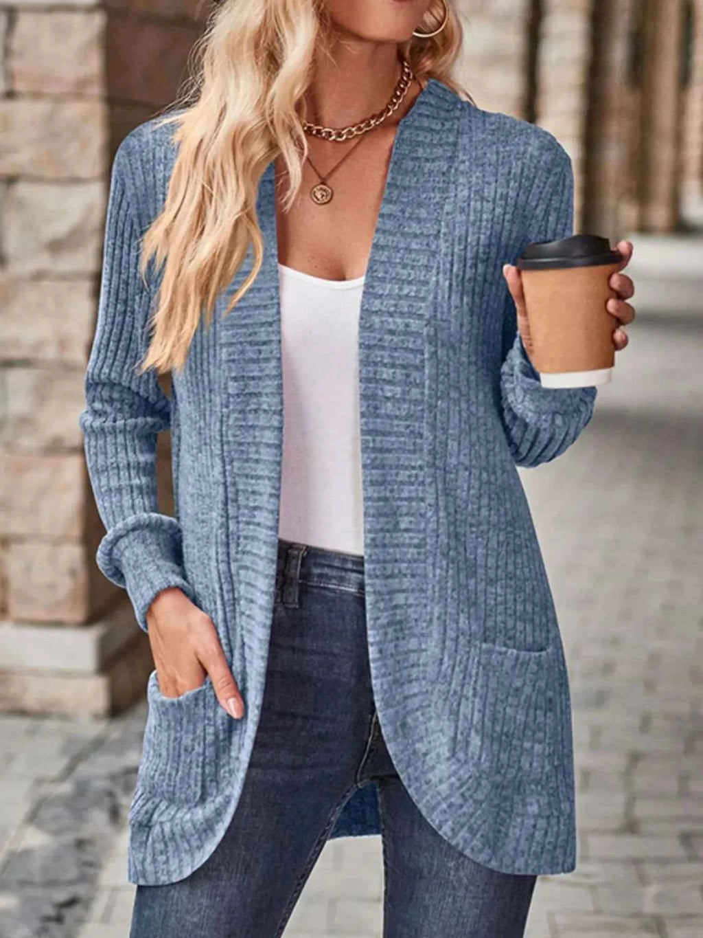 Ribbed Knit Open Front Cardigan with Pockets Blue c83cb729-6288-4bcf-aa56-1ab395db77d7-Max-Origin