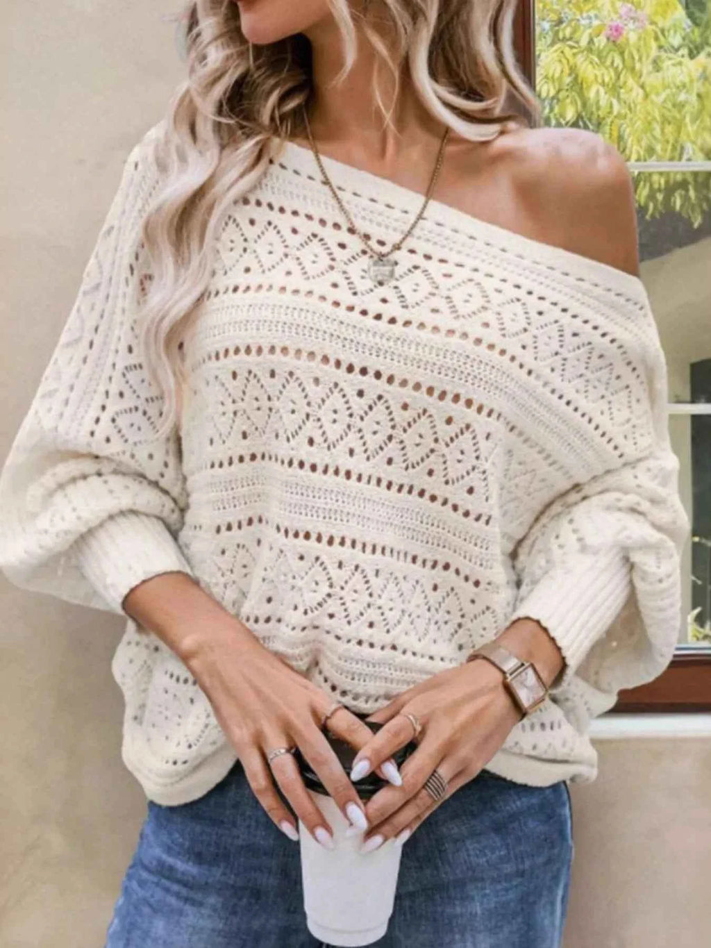 Openwork Boat Neck Lantern Sleeve Sweater Beige c8440a4077cc41c2b3ae8d8b401af4a3-Max-Origin