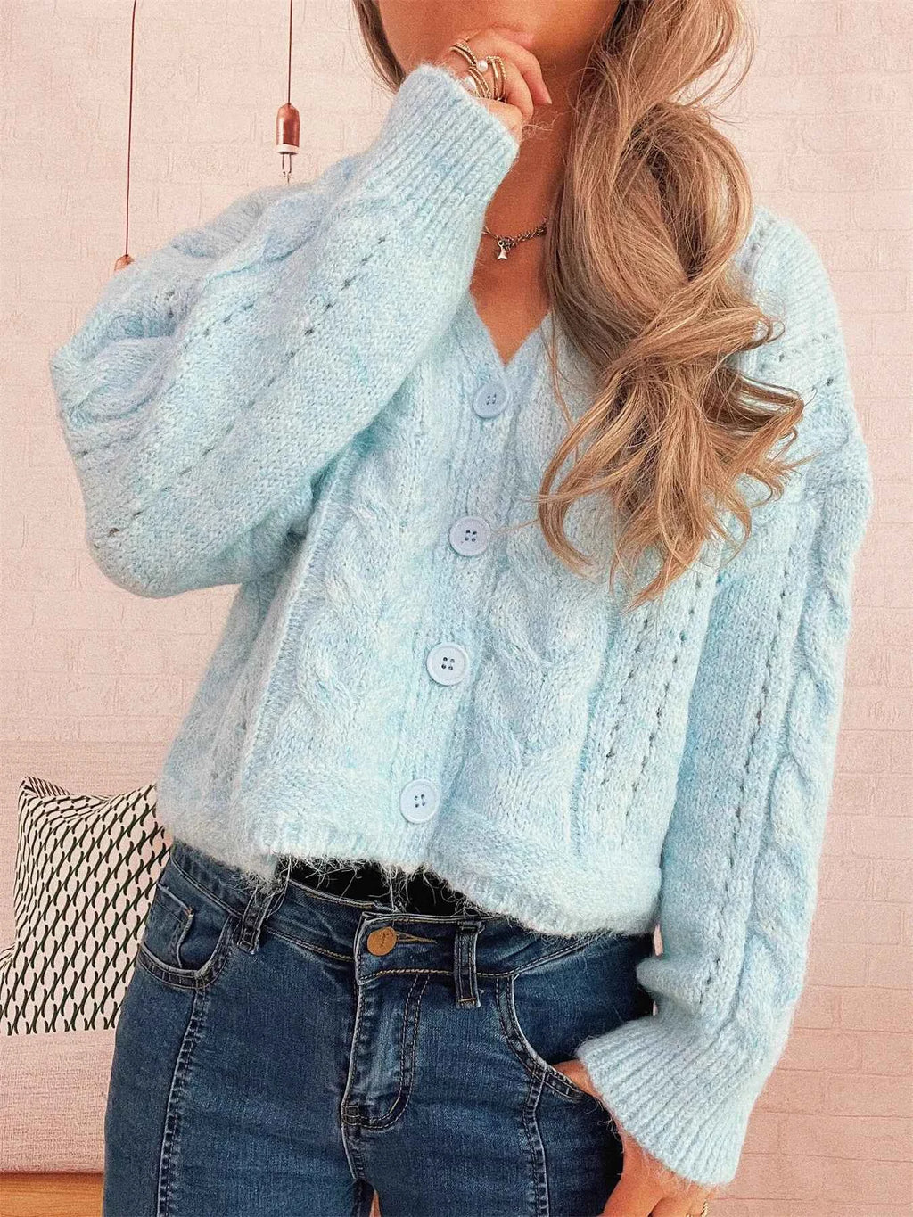 Cable Knit Button-Up Cardigan Sky Blue One Size c846e6ae357c4288aa372406b0869ba0-Max-Origin