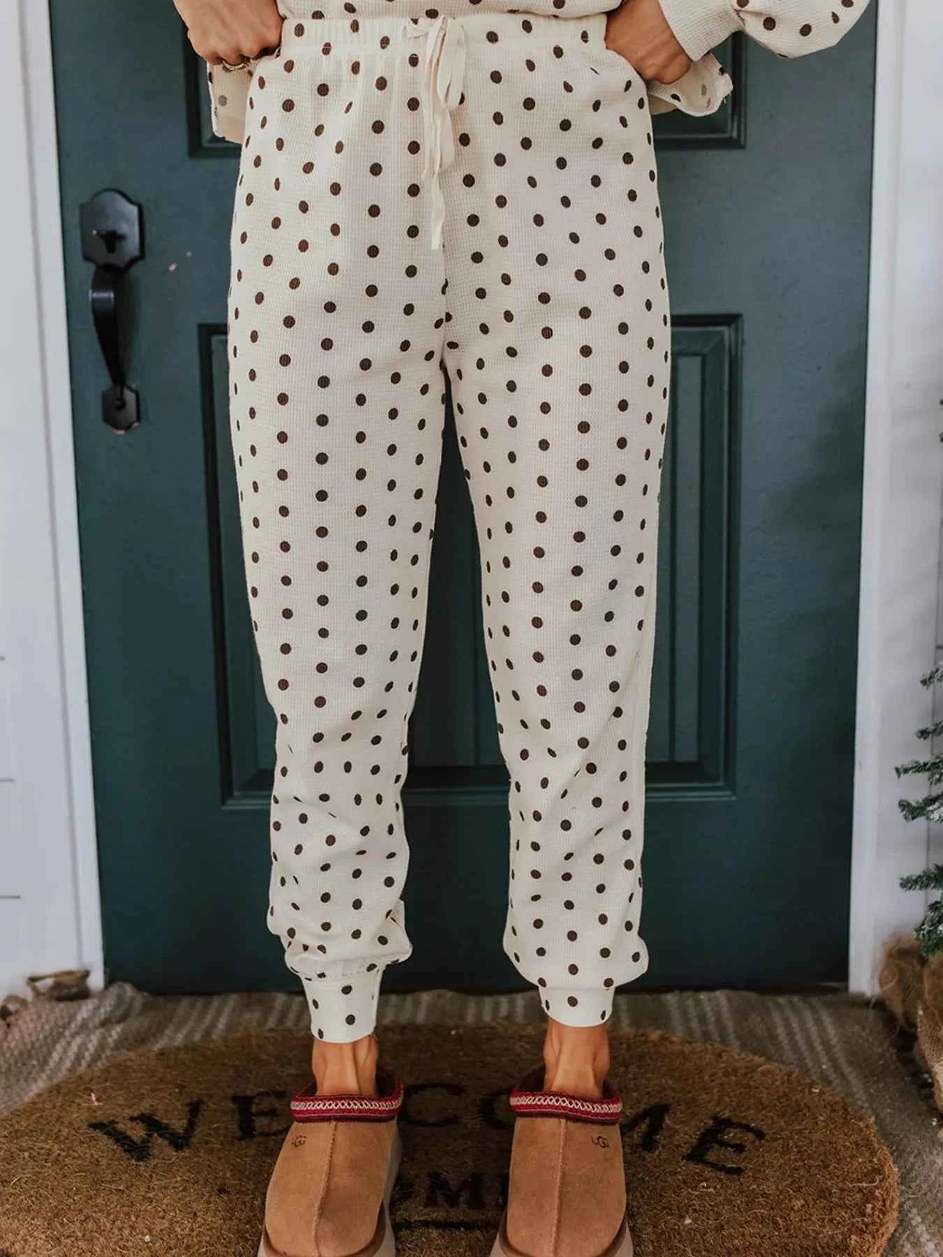 Polka Dot Notched Long Sleeve Top and Drawstring Joggers Lounge Set c84a72da-3766-43aa-9d71-9a2ece4aba4e-Max-Origin