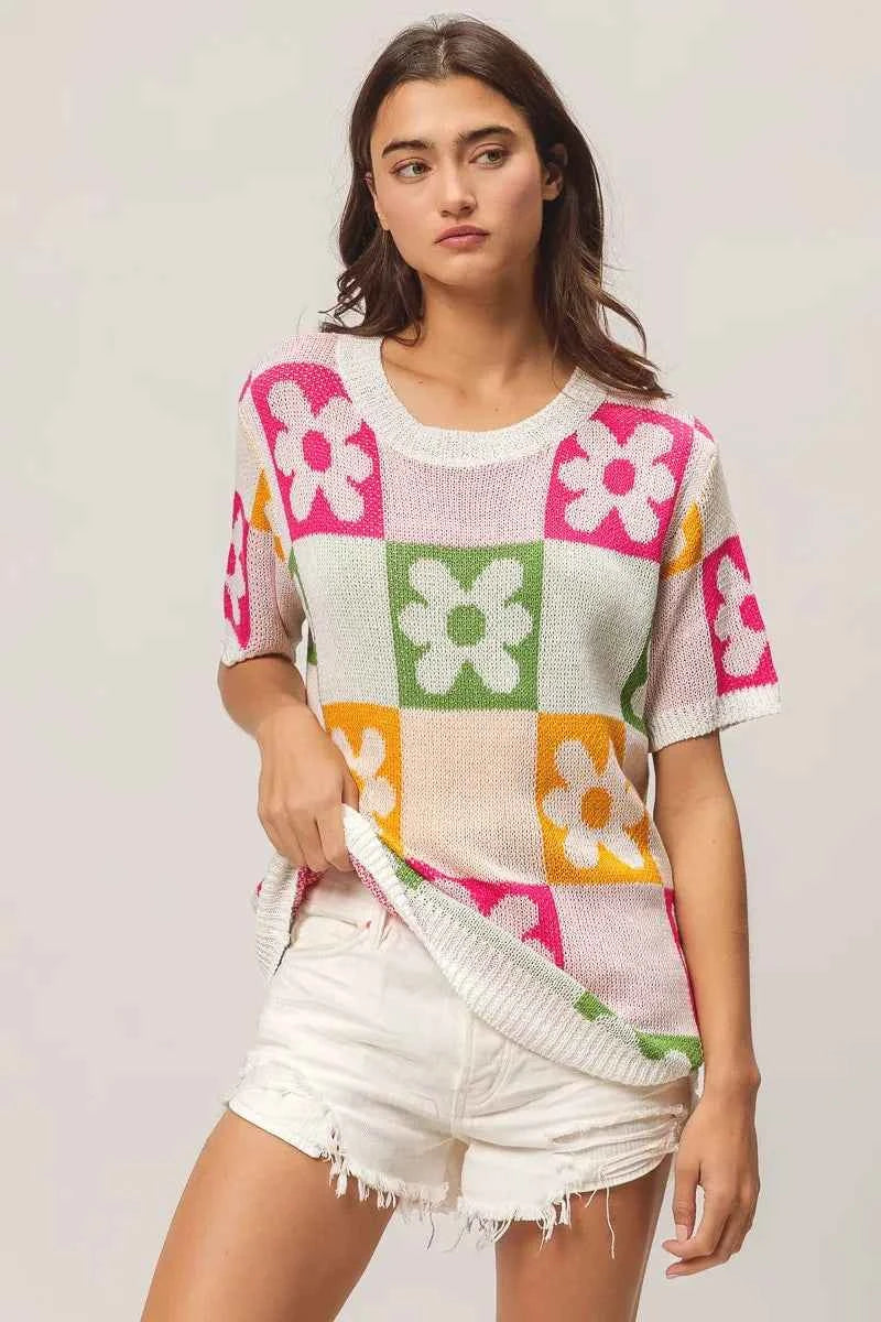 BiBi Flower Checker Pattern Lightweight Sweater Top c86b21edc0c14814a13268e991c38d52-Max-Origin