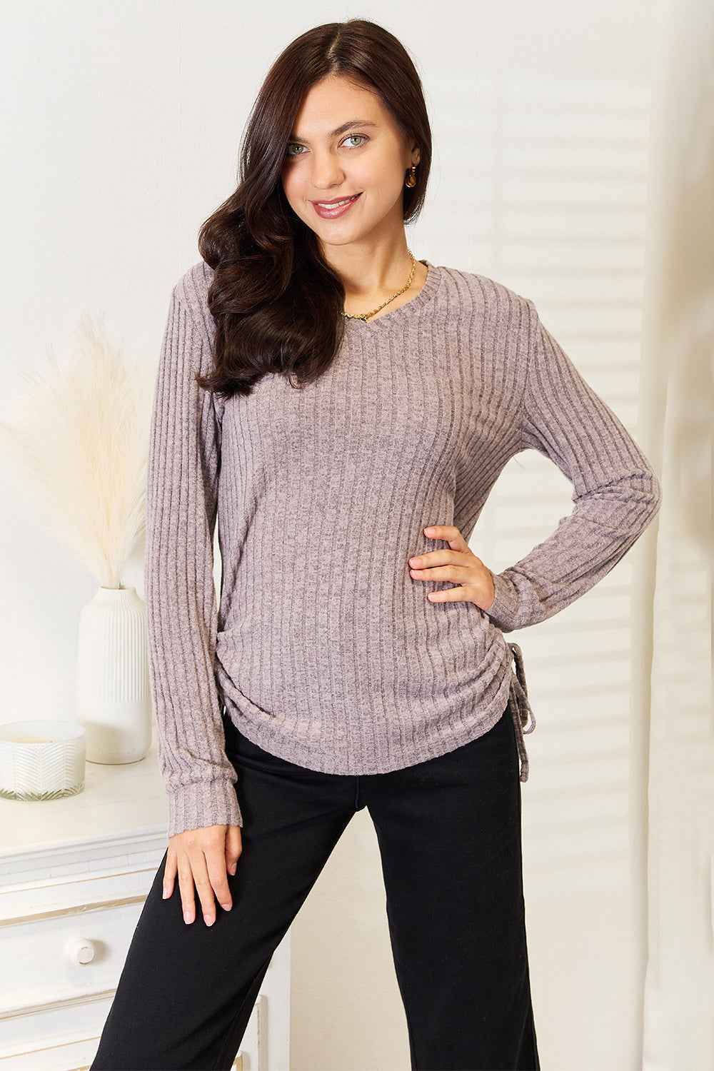 Double Take Drawstring Ribbed Long Sleeve T-Shirt Dark Gray c88b9c5fdfa54088a7e801b247a61c0a-Max