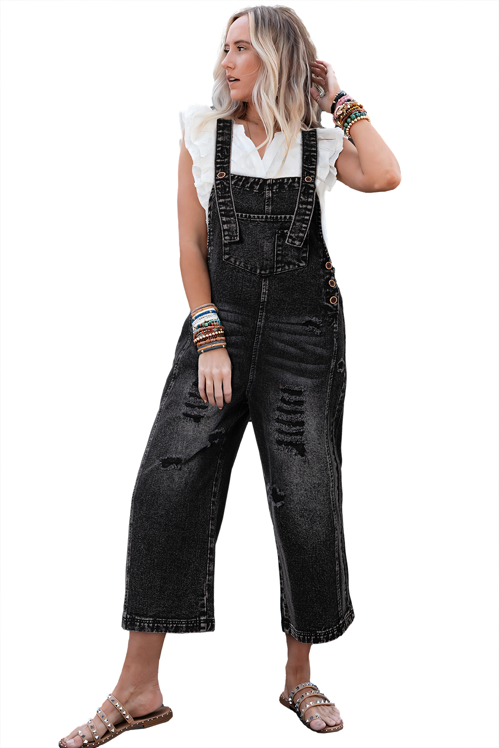 Black Distressed Bib Pocket Wide Leg Denim Overall c8974f80393ff83e