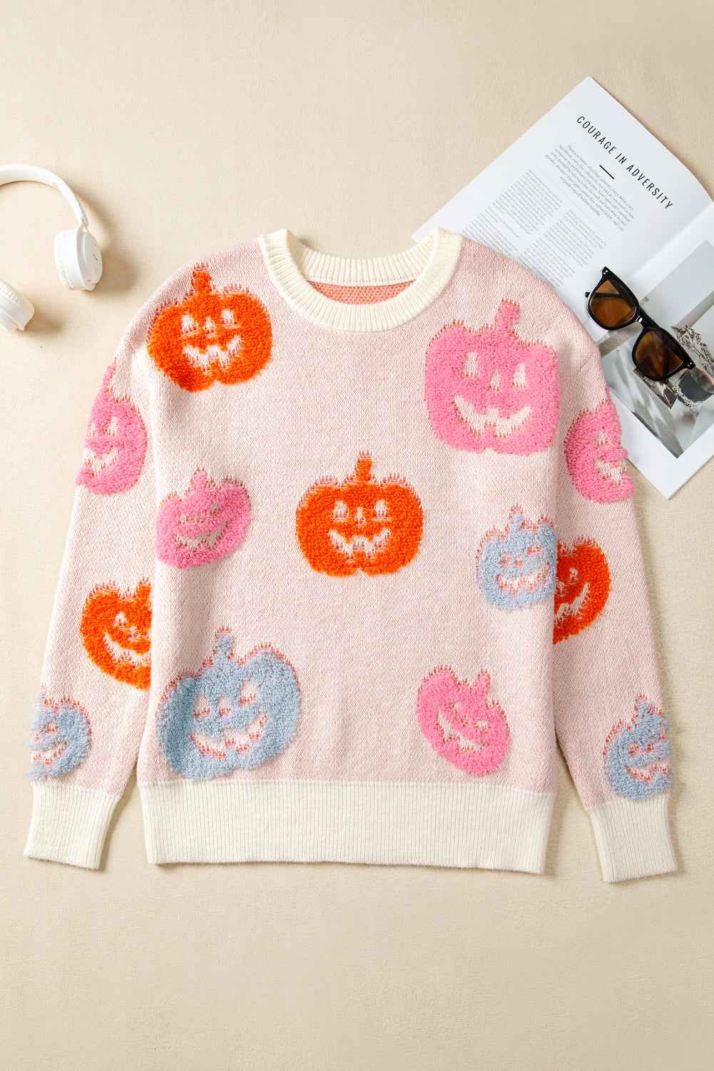 Beige Halloween Cute Pumpkin Pattern Sweater c8a78e92f7a29a72