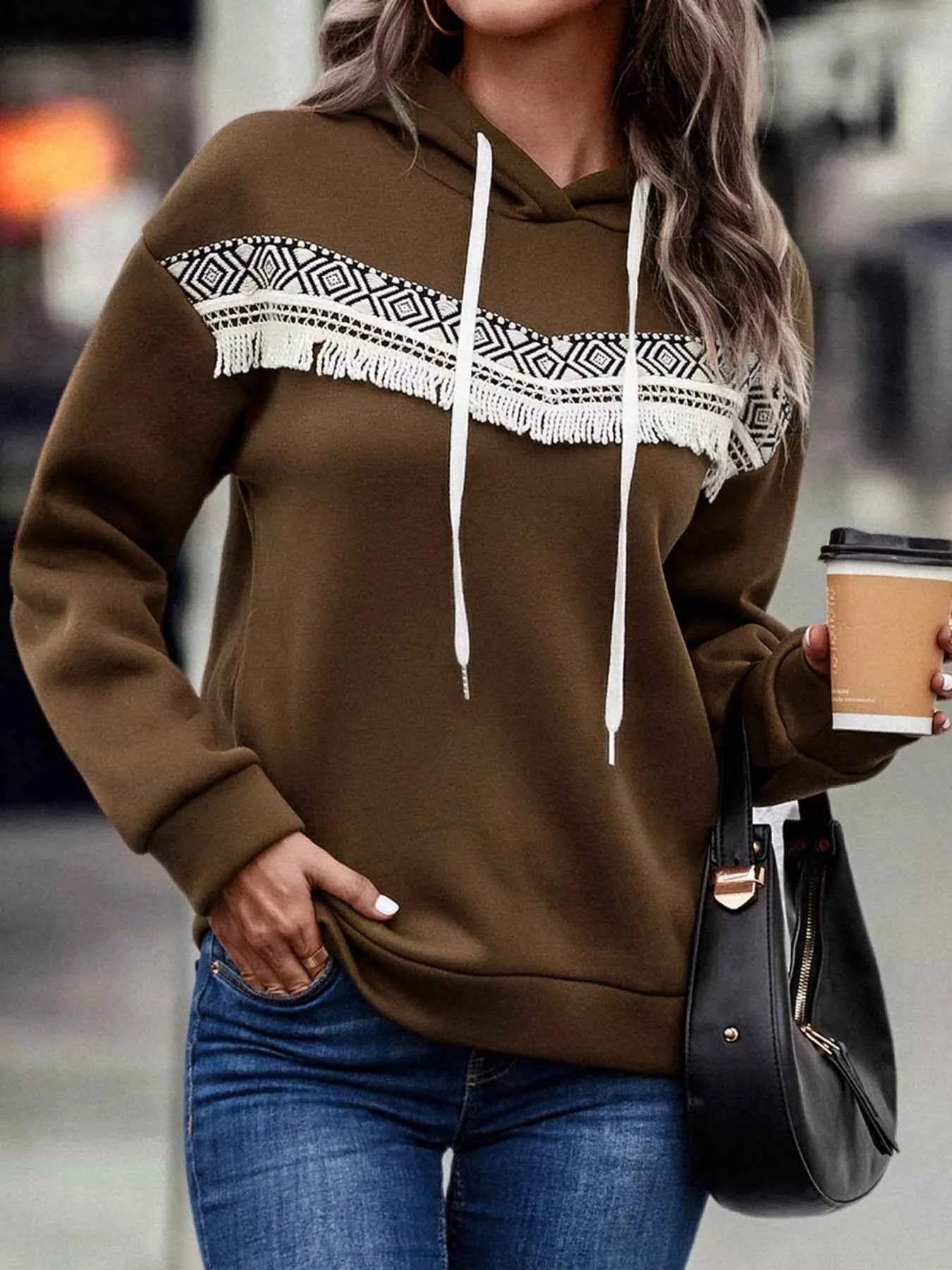 Fringe Detail Long Sleeve Drawstring Hoodie Taupe c8ac6bfb-1165-43dc-a2c6-e2beb46a8270-Max-Origin