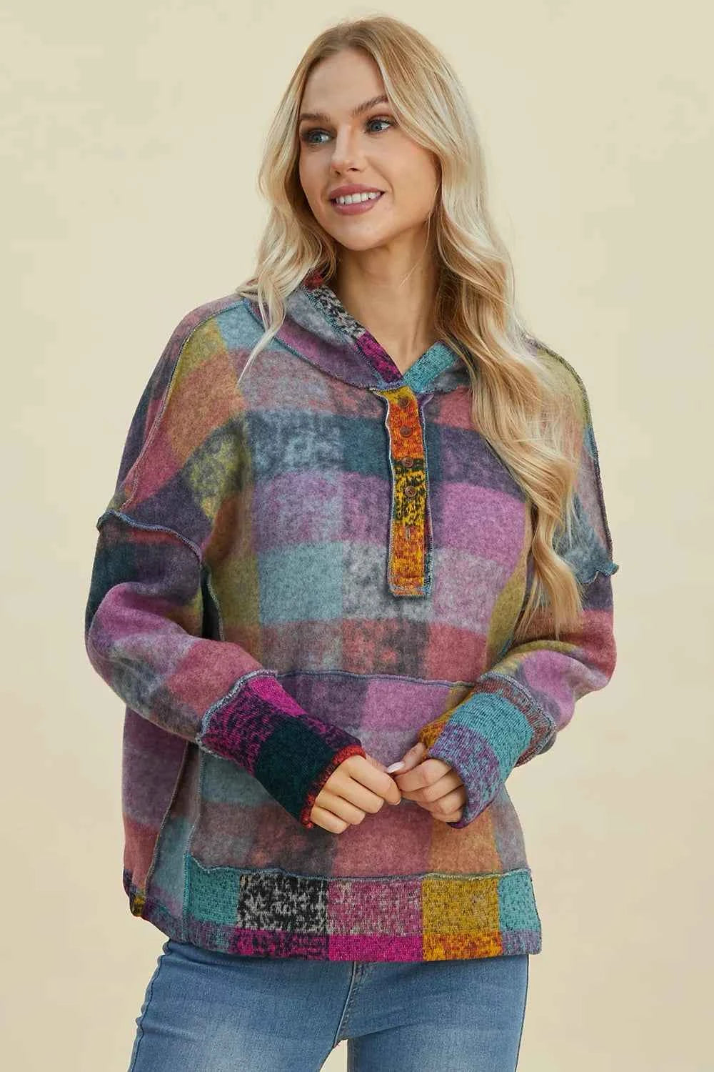 Double Take Full Size Plaid Dropped Shoulder Fleece Hoodie Heliotrope Purple c8aef248-37aa-42e3-8a0a-272622b88d16-Max