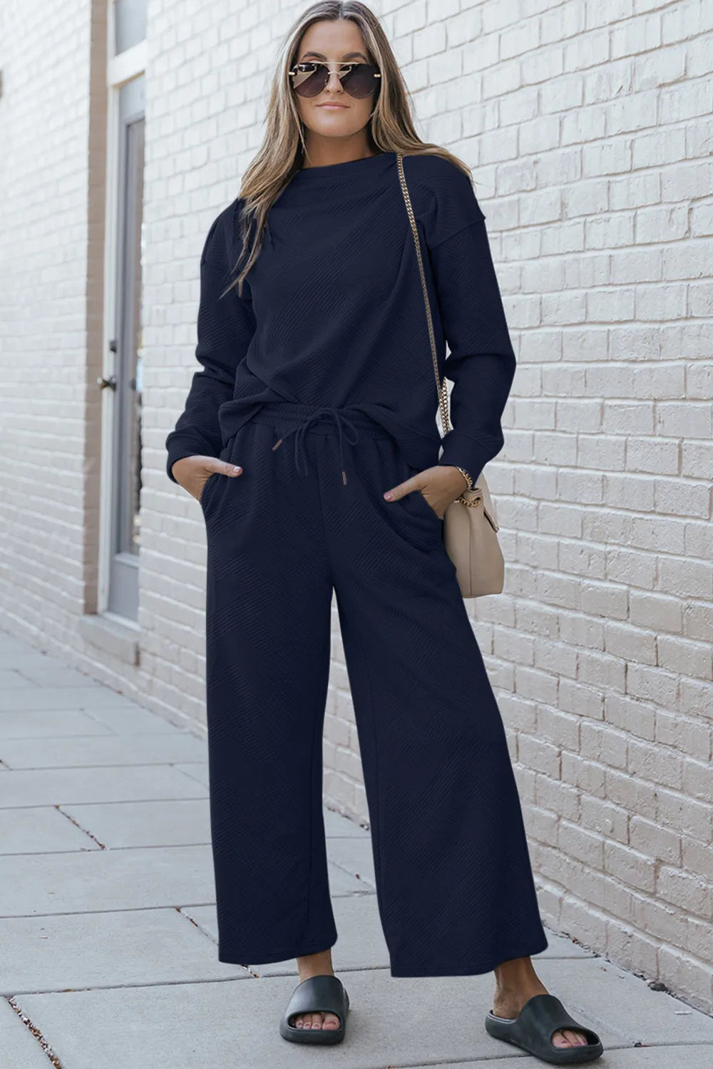 Double Take Full Size Textured Long Sleeve Top and Drawstring Pants Set Dark Blue c8be06ec96004ef9b0515c2e59141cb9-Max