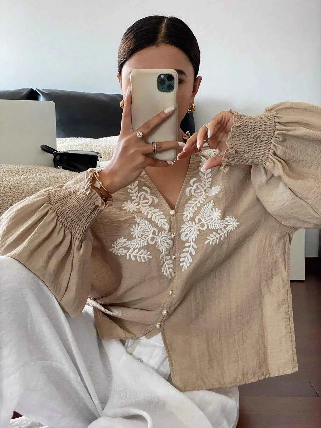 Embroidered Lantern Sleeve Blouse c8dce207ed204822a4700133b65d459b-Max-Origin