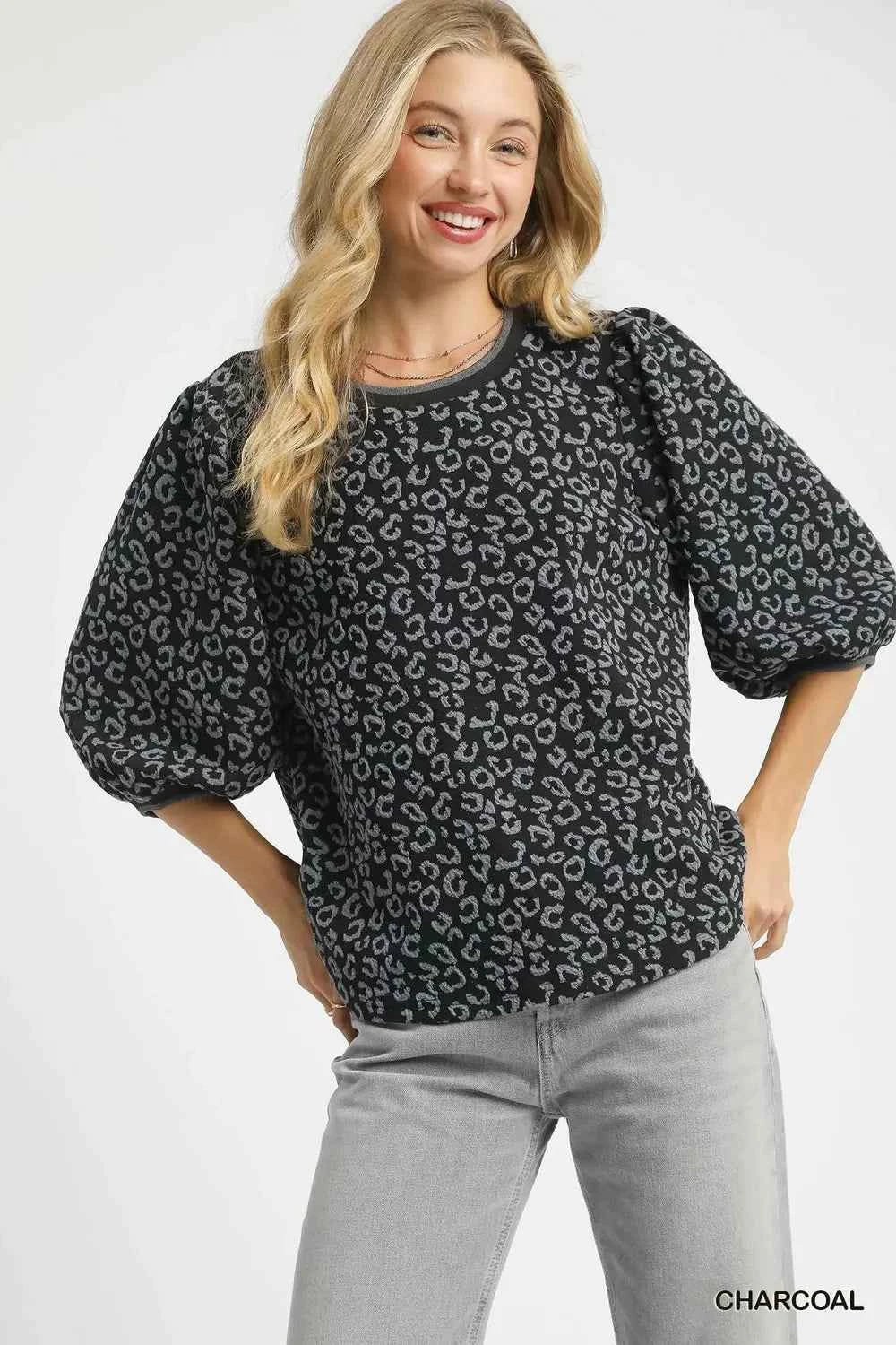 Umgee Leopard Print Jacquard Blouse with Puff Sleeves CHARCOAL c8e51be8-a5d2-4ebb-8381-09d3422ee6c6-Max