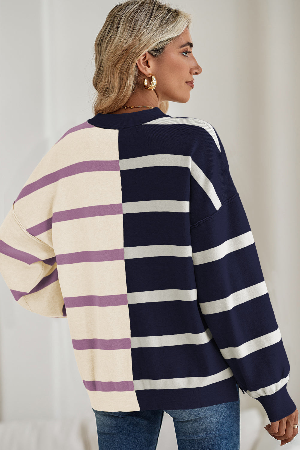 Blue Stripe Exposed Seam Patchwork Loose Sweatshirts c93b1368c276a3d4