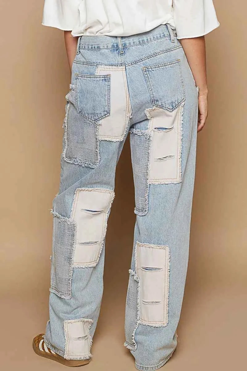 POL Contrast Patched Raw Hem Straight Jeans c94b7e41-787e-4588-9098-a2f02ff01645-Max-Origin