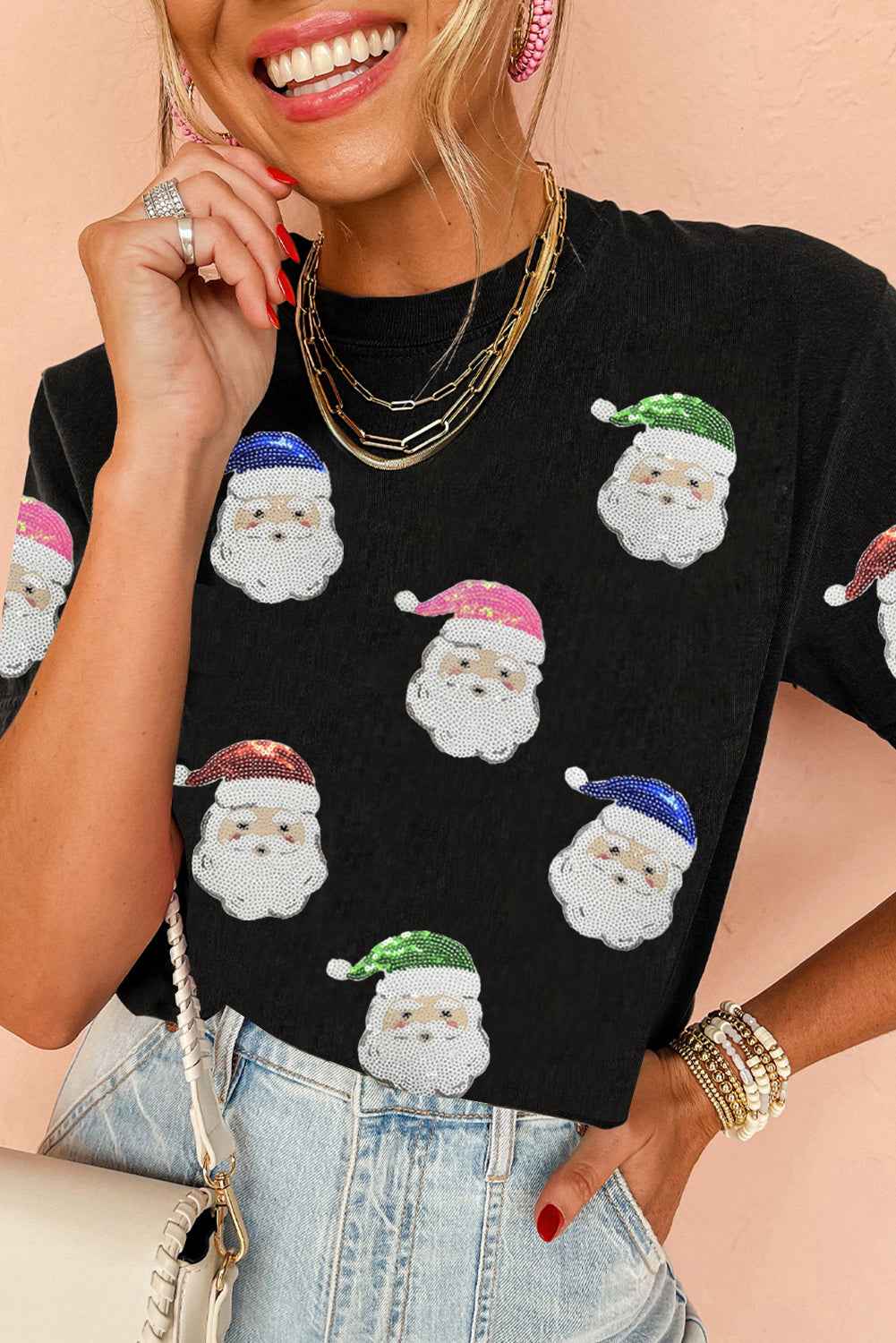 Black Father Christmas Graphic Sequins Patch T Shirt c951f3434171c384