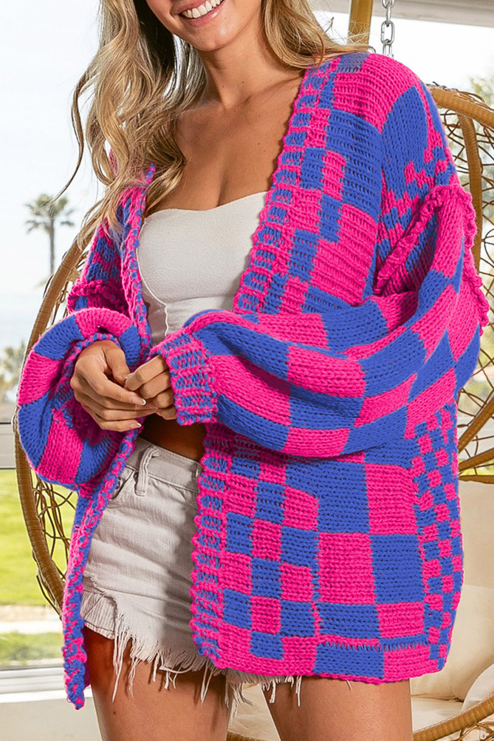 Dark Grey Colorblock Checked Loose Fit Open Front Knitted Cardigan Rose Red 100%Acrylic c95edbe77b38bdfa