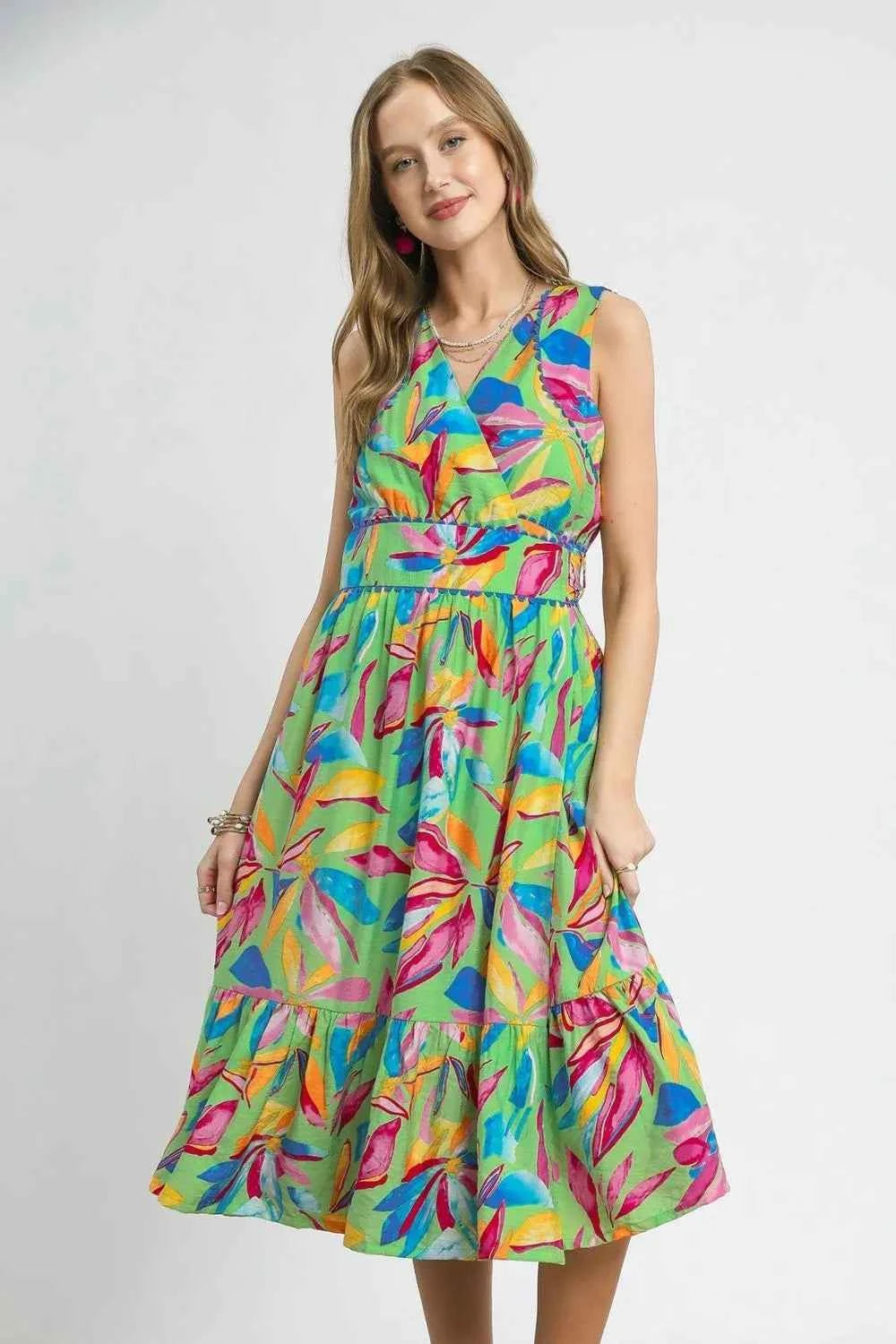 Umgee Ruffled Hem Printed Sleeveless Midi Dress c9734e44-847a-4e3d-aa4d-76536b321cb3-Max-Origin