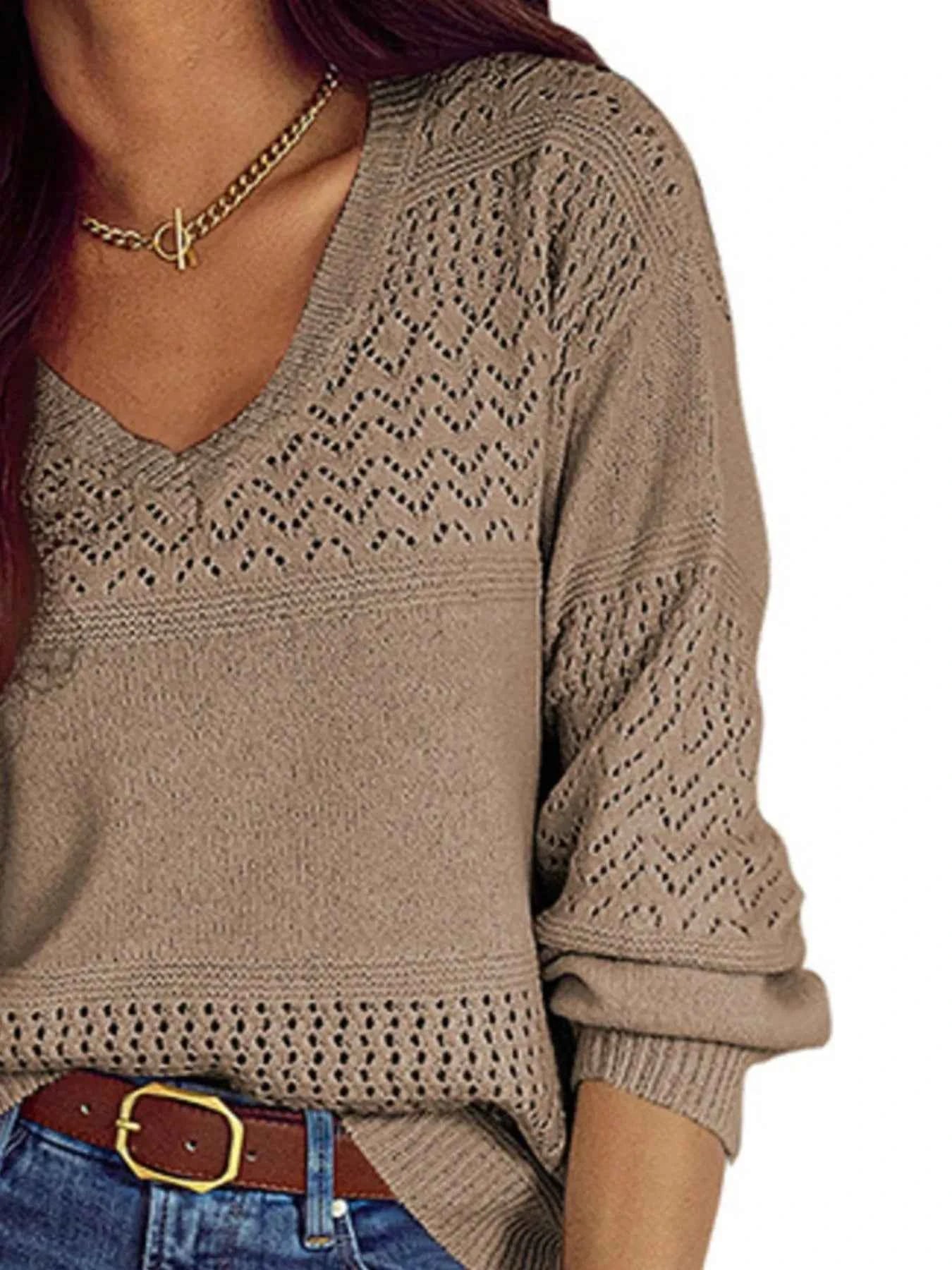 Eyelet Deatil V-Neck Long Sleeve Sweater c9867076-eda0-4bd8-8b60-9ffa5d0b7fe2-Max-Origin