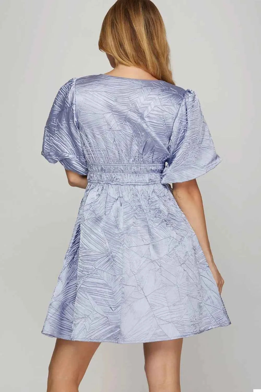 She + Sky Crinkle Woven V-Neck Balloon Sleeve Mini Dress c98cdc12-adbd-4ad2-b3db-8366be49311c-Max