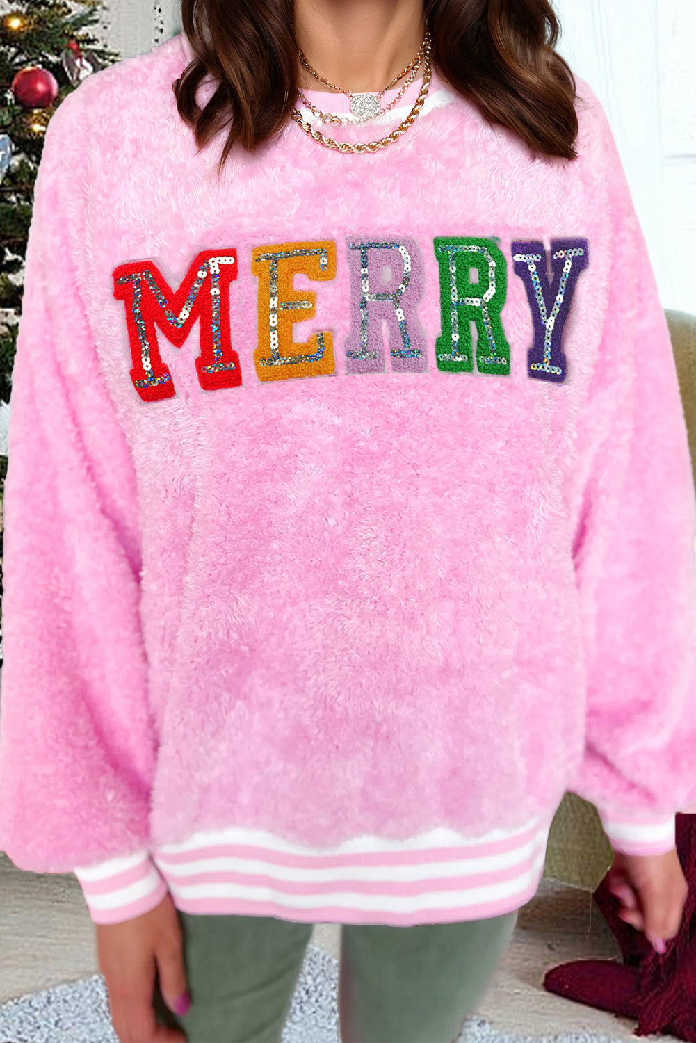 Sachet Pink Merry Letter Pattern Plush Pullover c9990b6580518d4d