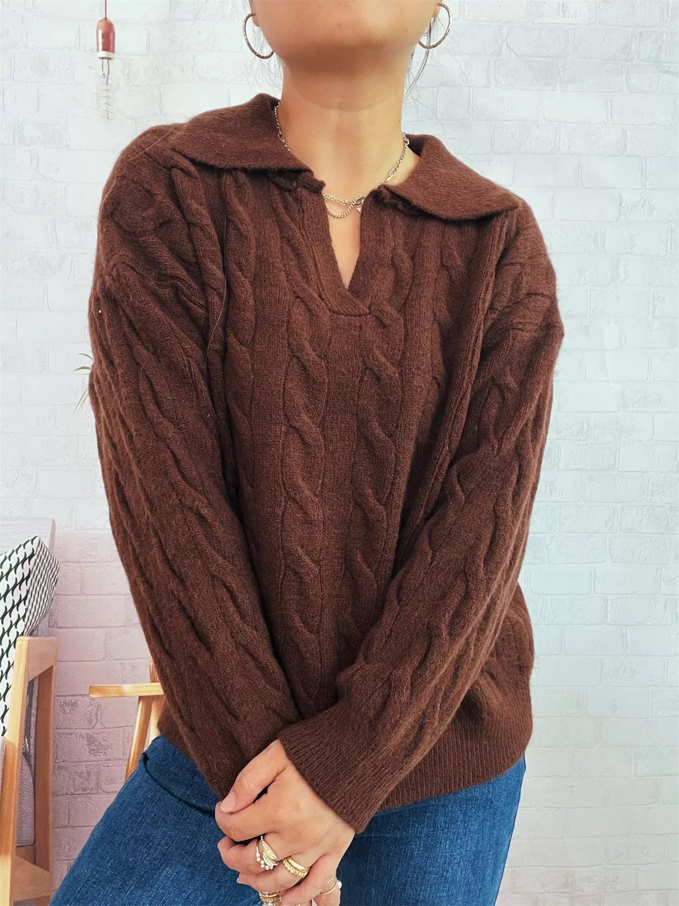 Cable Knit Johnny Collar Sweater Brown One Size c9a599fd-e3eb-4c27-9282-c0aee6740b32-Max-Origin