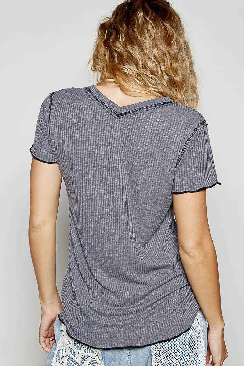 POL V-Neck Short Sleeve Ribbed T-Shirt with Contrast Overlock Stitching c9bf80e1-1950-4a09-aed9-4366ad291361-Max-Origin