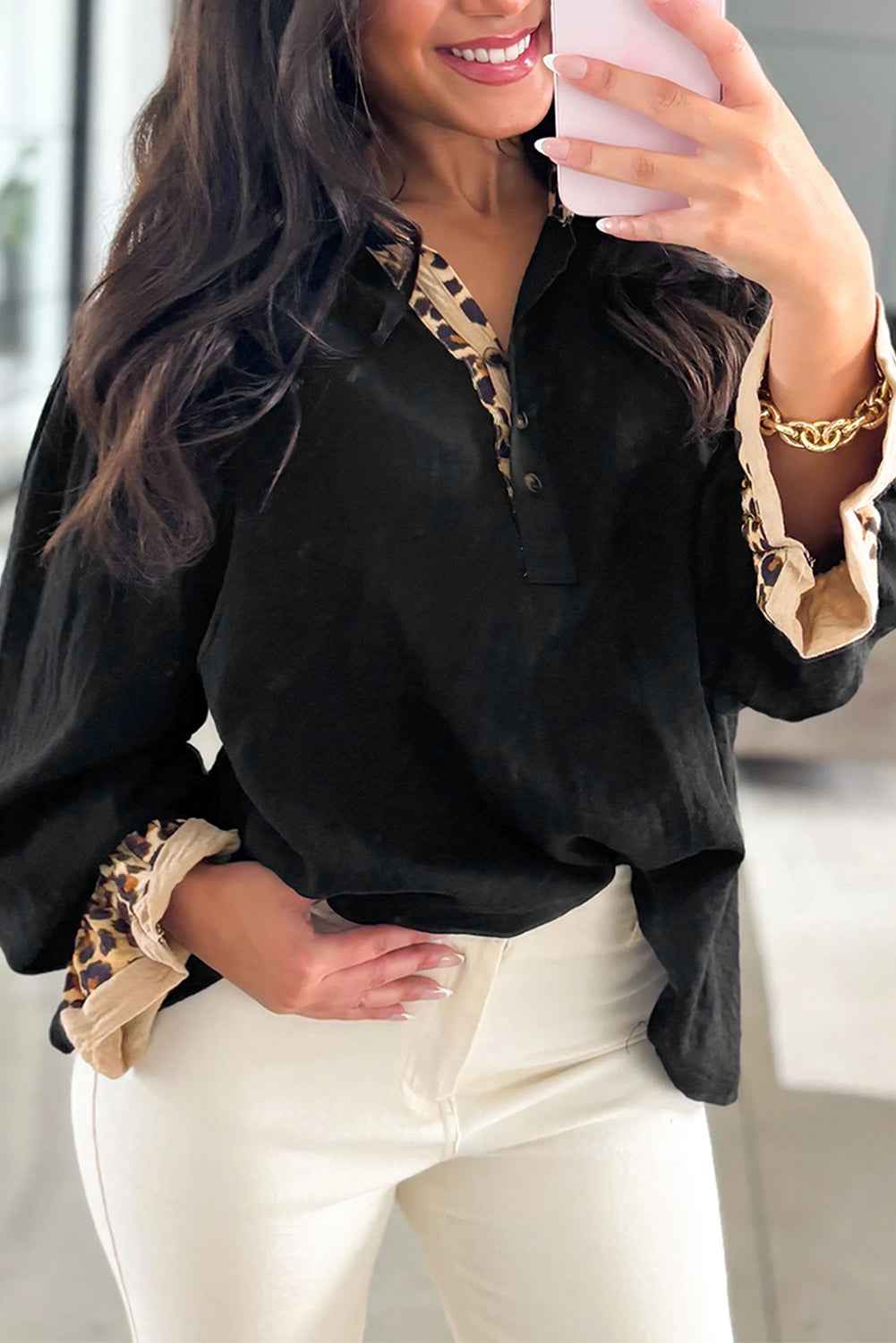 Black Leopard Contrast V Neck Long Sleeve Blouse c9cbcd92768a54d0