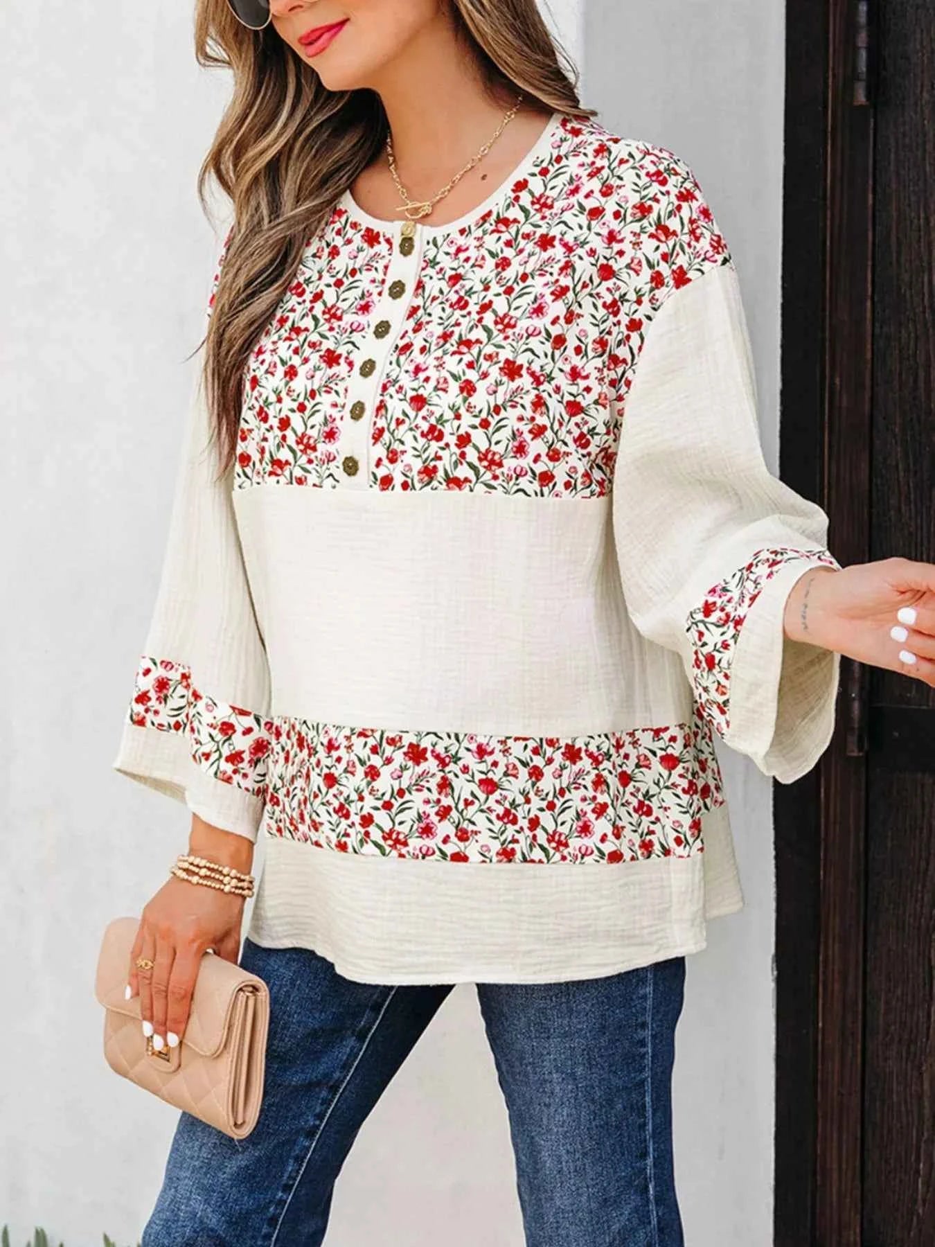 Floral Print Henley Button 3/4 Sleeve Blouse c9df60fd-aa75-4b8d-8fb1-bd986f37a645-Max-Origin