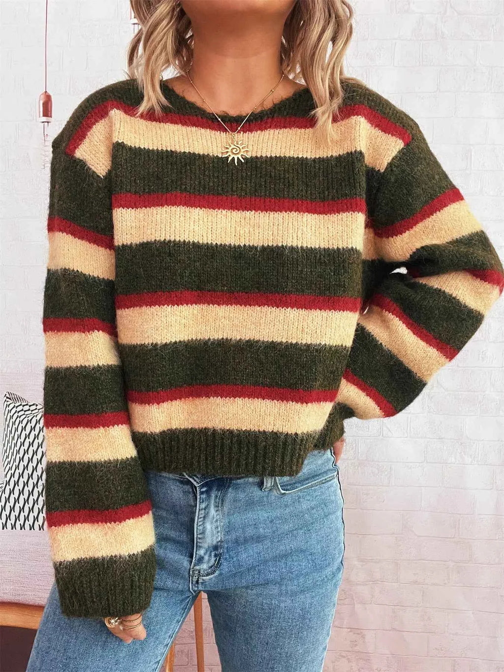 Striped Round Neck Long Sleeve Sweater c9e1459b848841c99e8617876b3a2a4e-Max-Origin