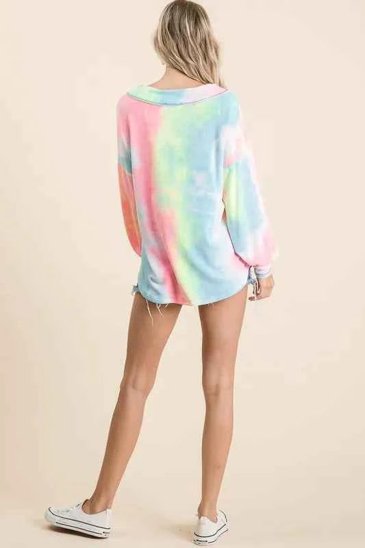 BiBi Tie Dye French Terry V-Neck Top with Puff Sleeves c9e6fba5f6104629a0fa4cdbe970b20d-Max-Origin