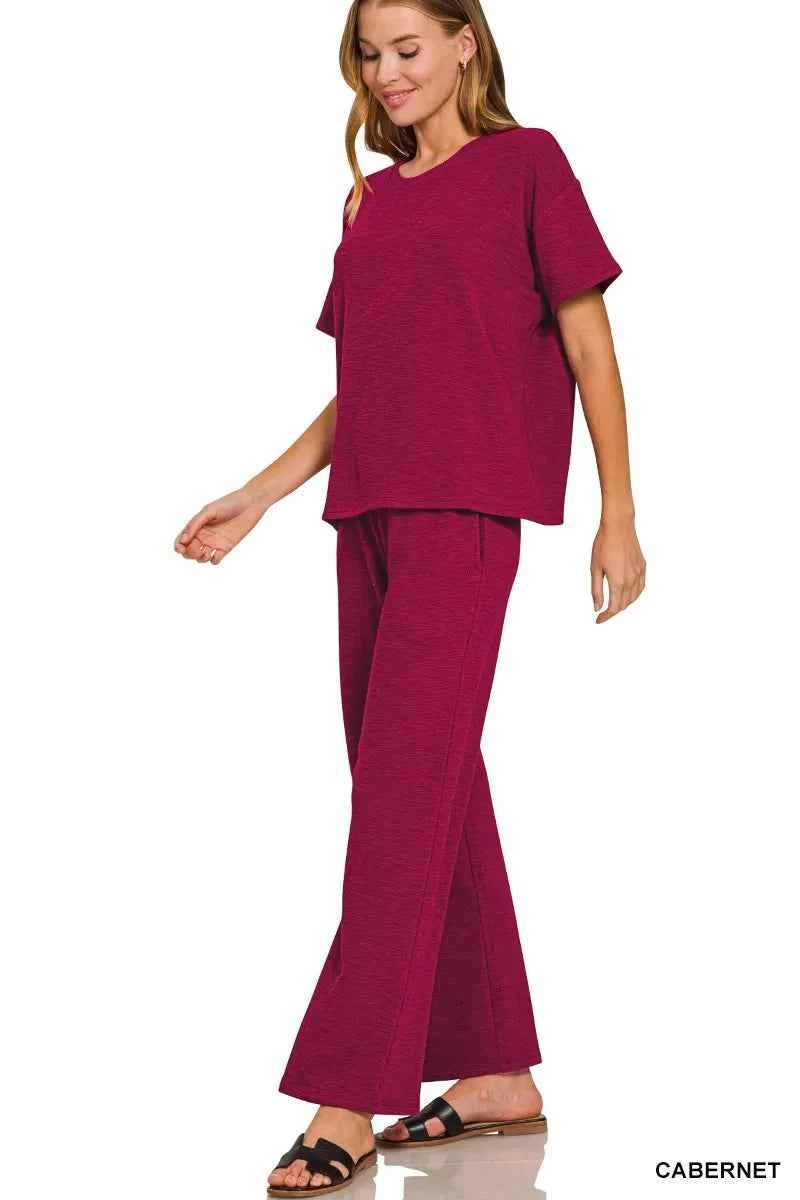 Zenana Slub Short Sleeve T-Shirt and Pants Set CABERNET c9f5791679de447bafbae2083c7a7c13-Max-Origin