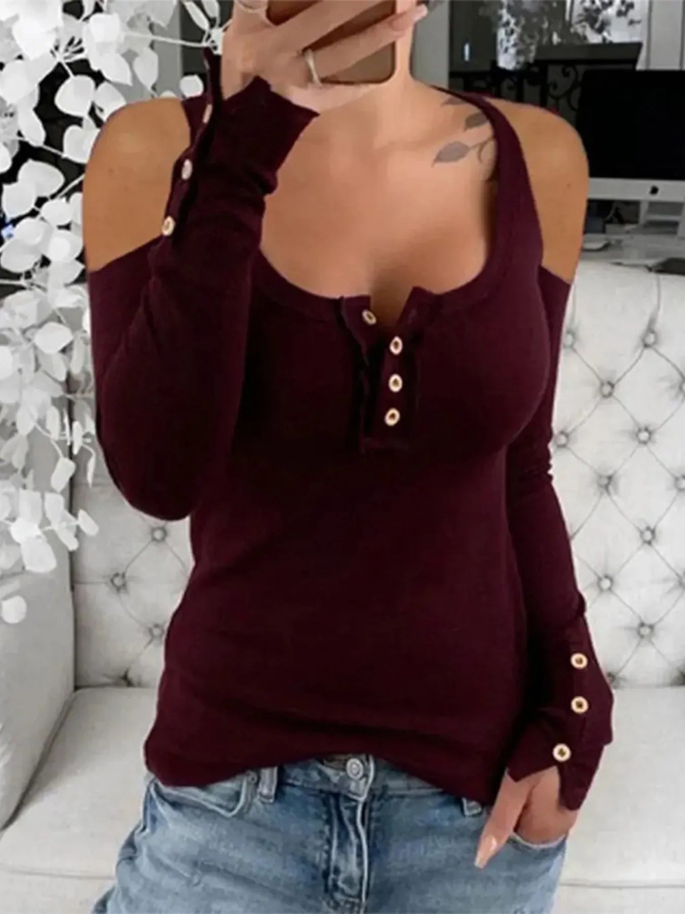 Cold Shoulder Ribbed Henley T-Shirt with Button Detail Burgundy ca224a53f55948f79f1f514033a4bade-Max-Origin