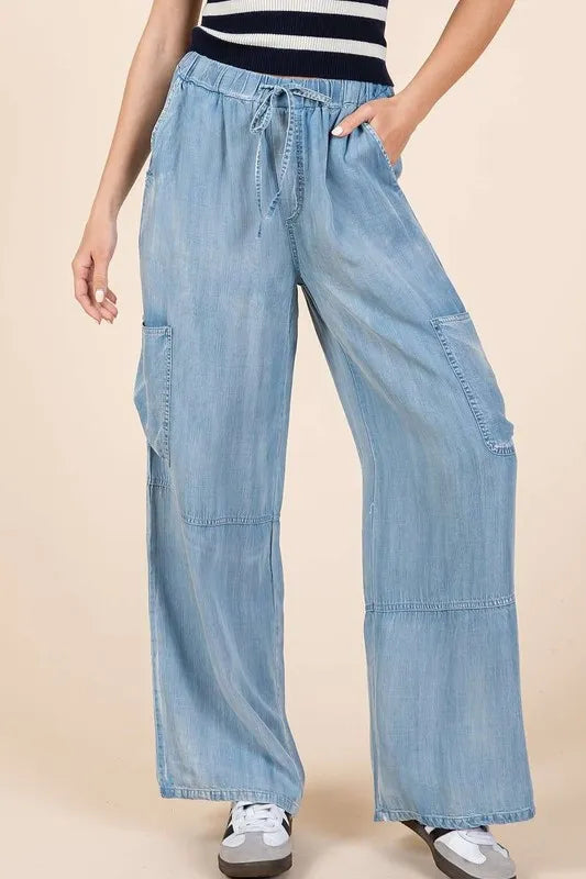 Mittoshop Washed Elastic Waist Cargo Wide Leg Pants Lt Denim ca244e3a-9638-4269-9ec4-7e136a9d614d-Max