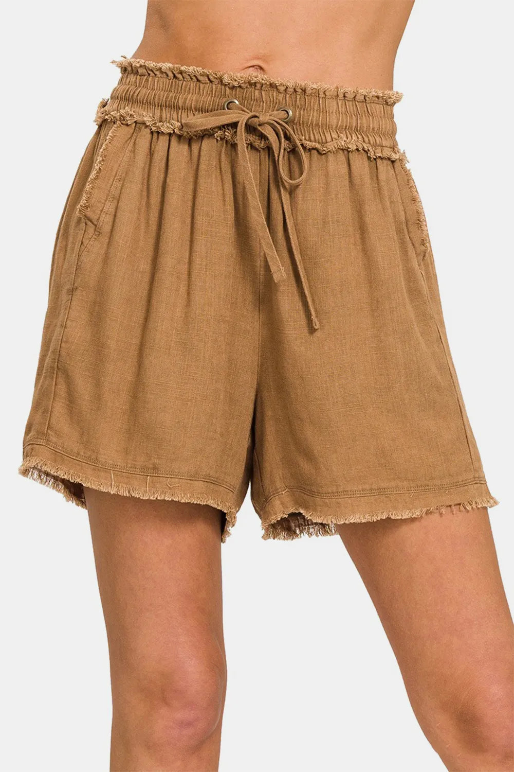 Zenana Washed Linen Frayed Hem Drawstring Shorts Deep Camel ca267c6c-09fc-4d18-bf6c-df9a0e85c1f5-Max