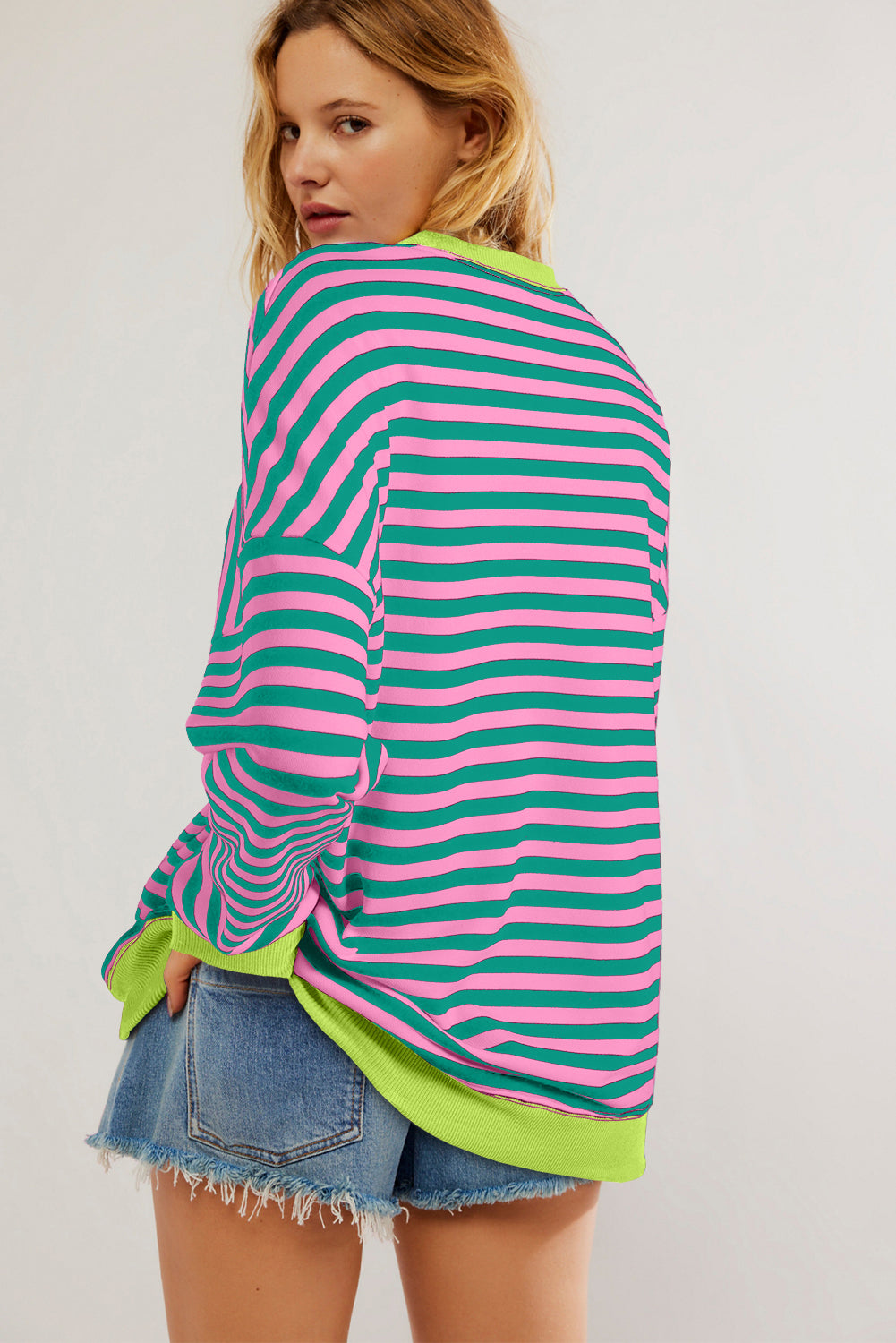 White Striped Contrast Trim Drop Shoulder Sweatshirt ca3059dbd09ad5af