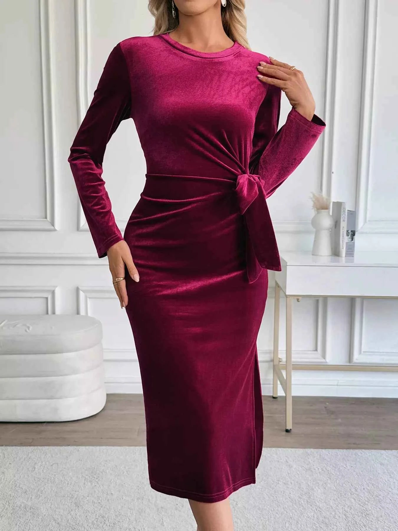 Velvet Slit Round Neck Long Sleeve Dress with Side Tie Detail ca343f0b33e345e0b429b6948ac77d9e-Max-Origin