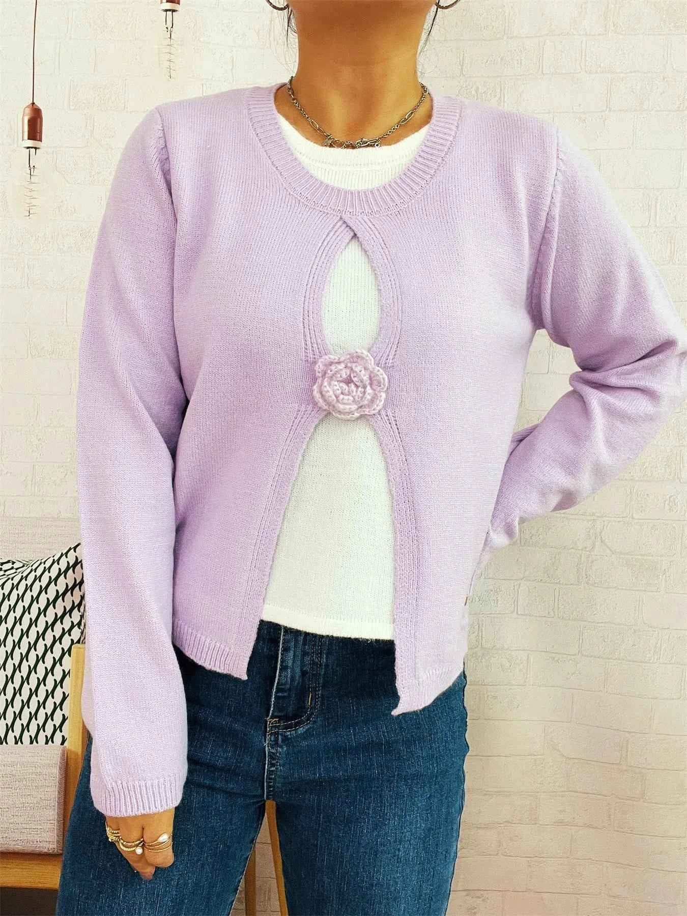 Flower Contrast Round Neck Sweater Purple One Size ca4561b5021343fead40d487243c0034-Max-Origin