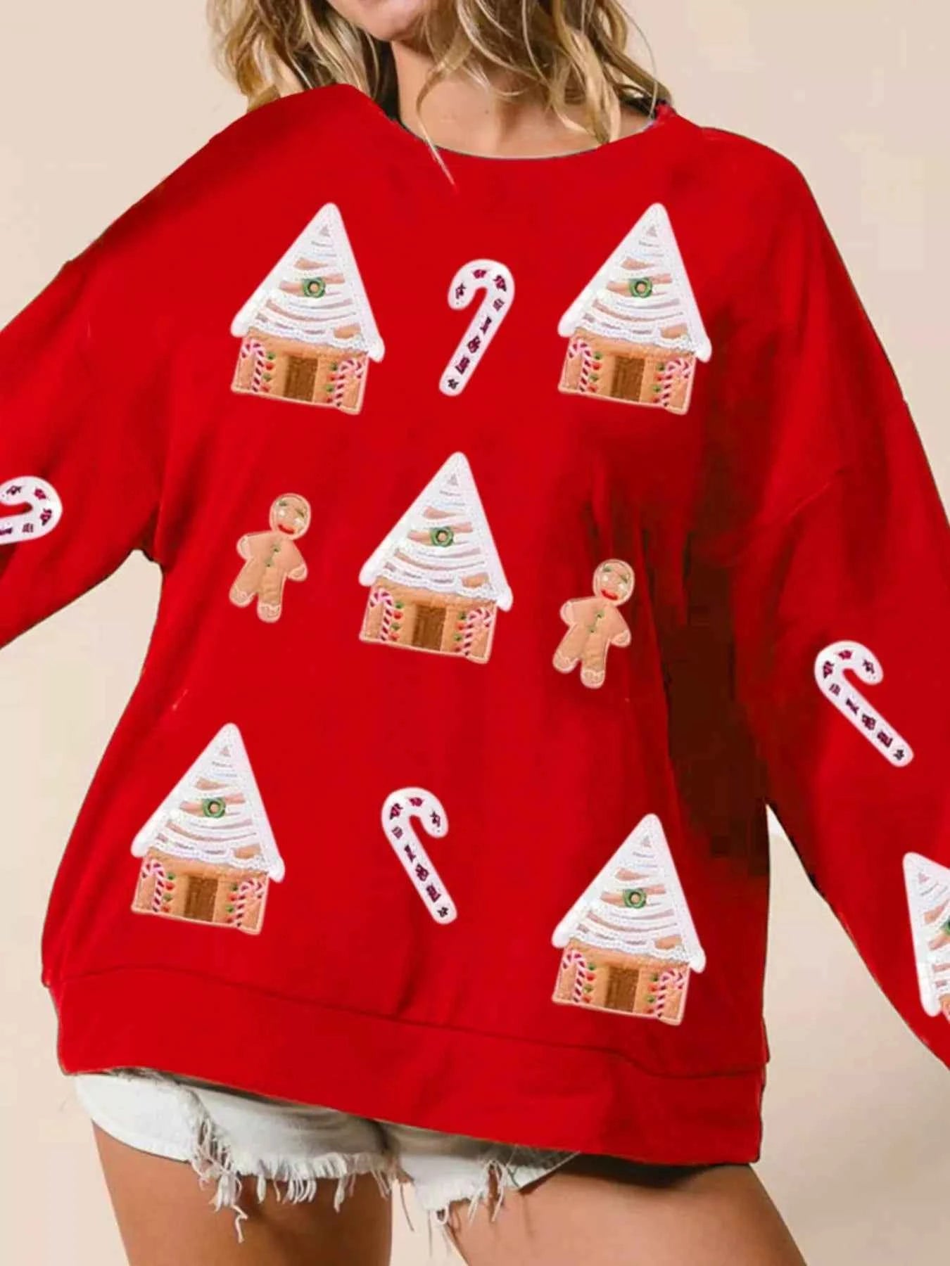 Christmas Gingerbread House Sequin Sweatshirt Red ca465d91-0d53-470d-8fac-e03d2bfdc7fe-Max-Origin