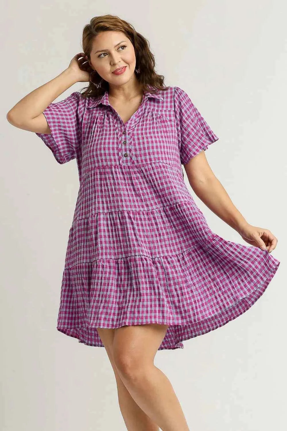 Umgee Full Size Gingham Tiered Button Detail Short Sleeve Dress Plus Size ca59bc5e-451f-4c7e-bec4-84e0808dc175-Max