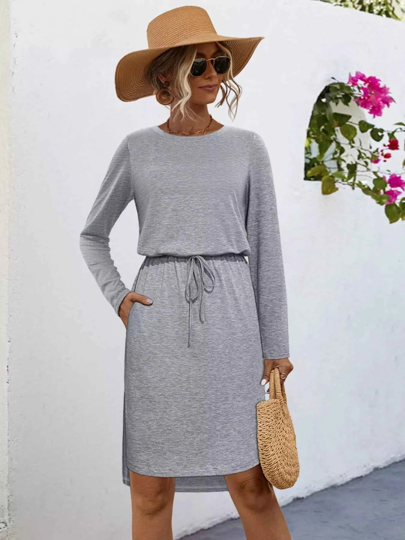 Long Sleeve Drawstring Midi Dress Gray ca5ac550-82c8-4ae8-9b44-eaadefe558b4-Max-Origin