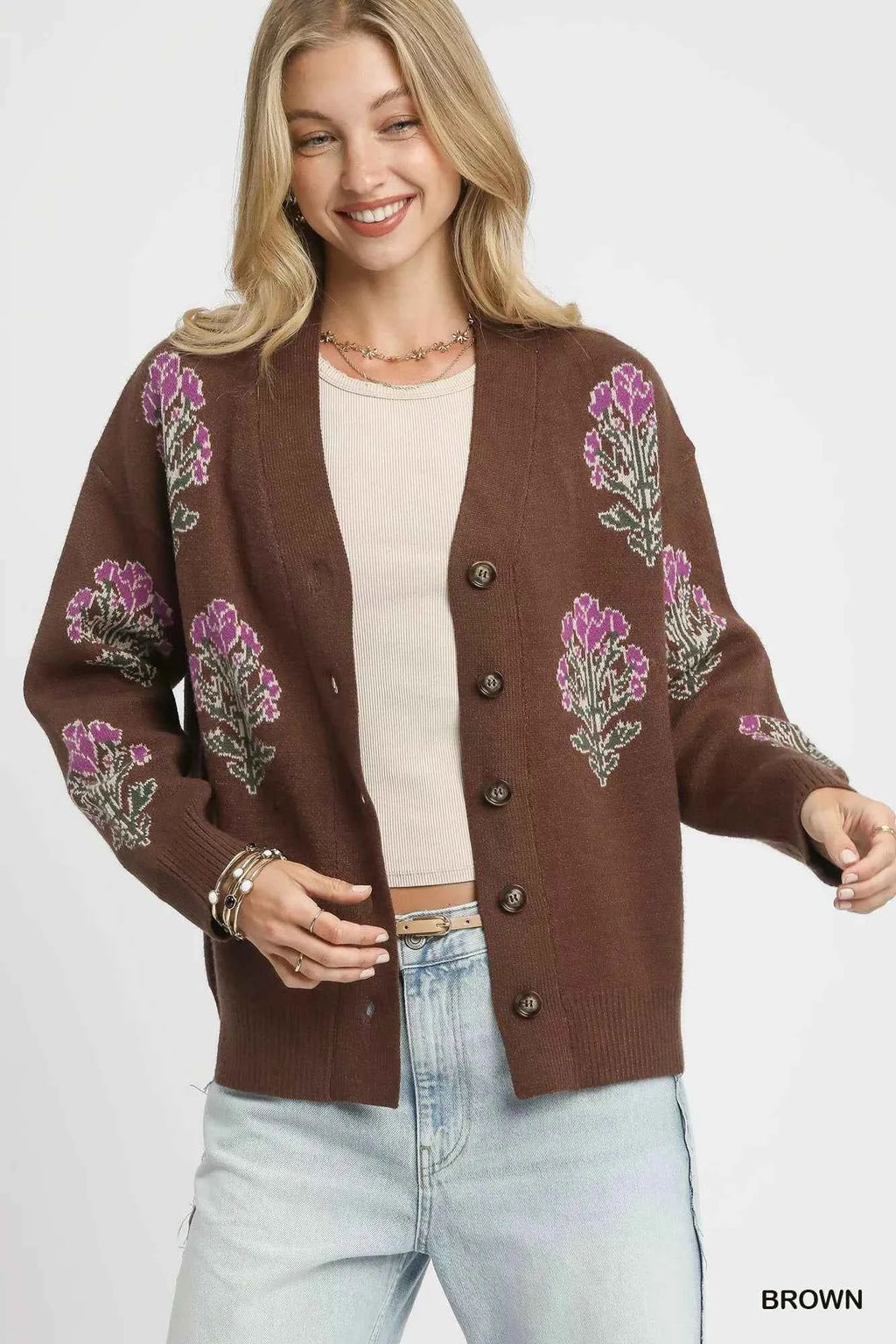 Umgee Single Flower Stem Jacquard Cardigan Sweater ca5b81f8-afbb-424a-8f9f-1c946653d0a6-Max-Origin