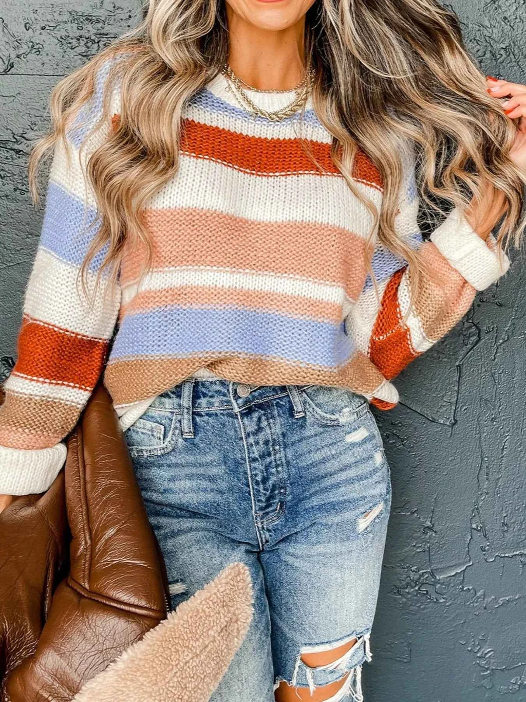 Multi-Color Striped Round Neck Sweater Stripe ca5d209a26dd497ba07ccc97a754fa4b-Max-Origin