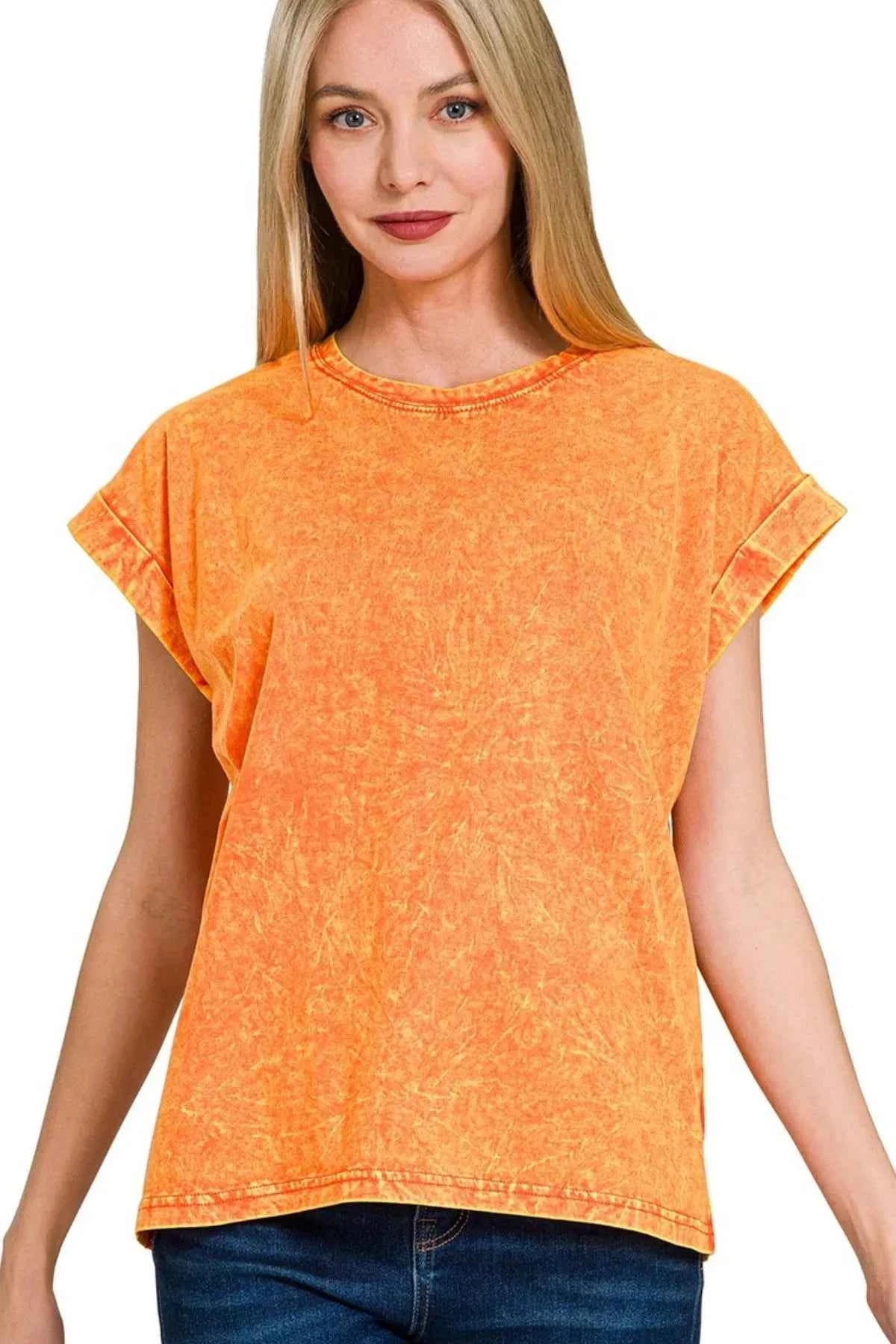 Zenana Crinkle Washed Round Neck Folded Short Sleeve Tee ORANGE ca5ec2e7-4097-4d99-b5e4-642aa01b2532-Max-Origin