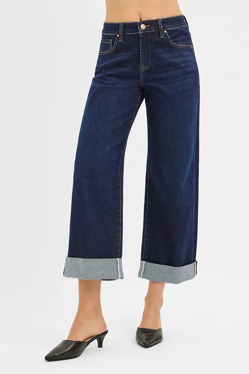 RISEN Mid Rise Fit Ankle Wide Roll Up Jeans DARK ca5f6c391701443db397e8d2d98fcecd-Max-Origin