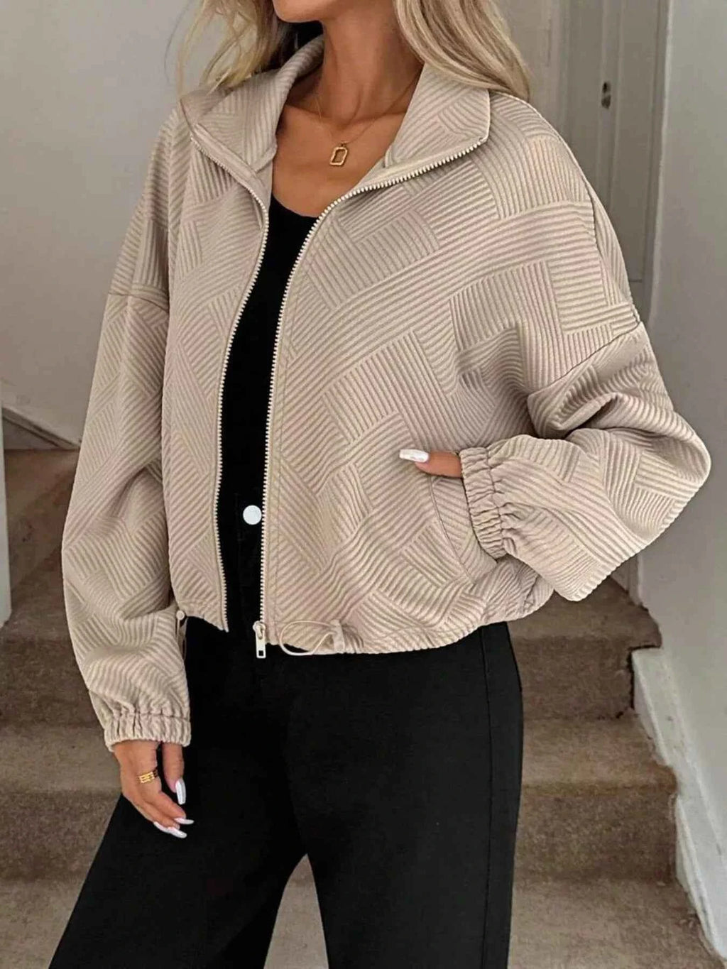 Drawstring Hem Textured Long Sleeve Jacket Khaki ca64e1c862034be4909af2bccafe88c0-Max-Origin