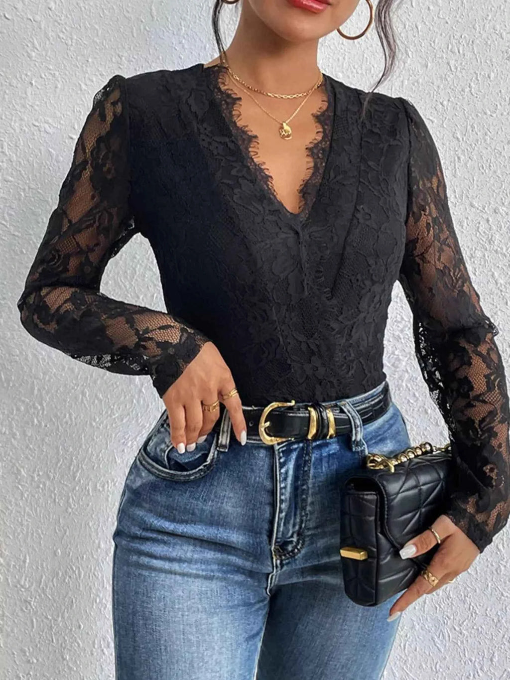 Lace V-Neck Long Sleeve Bodysuit Black ca6607ca-535c-4a14-9b81-f8ced08aebe5-Max-Origin