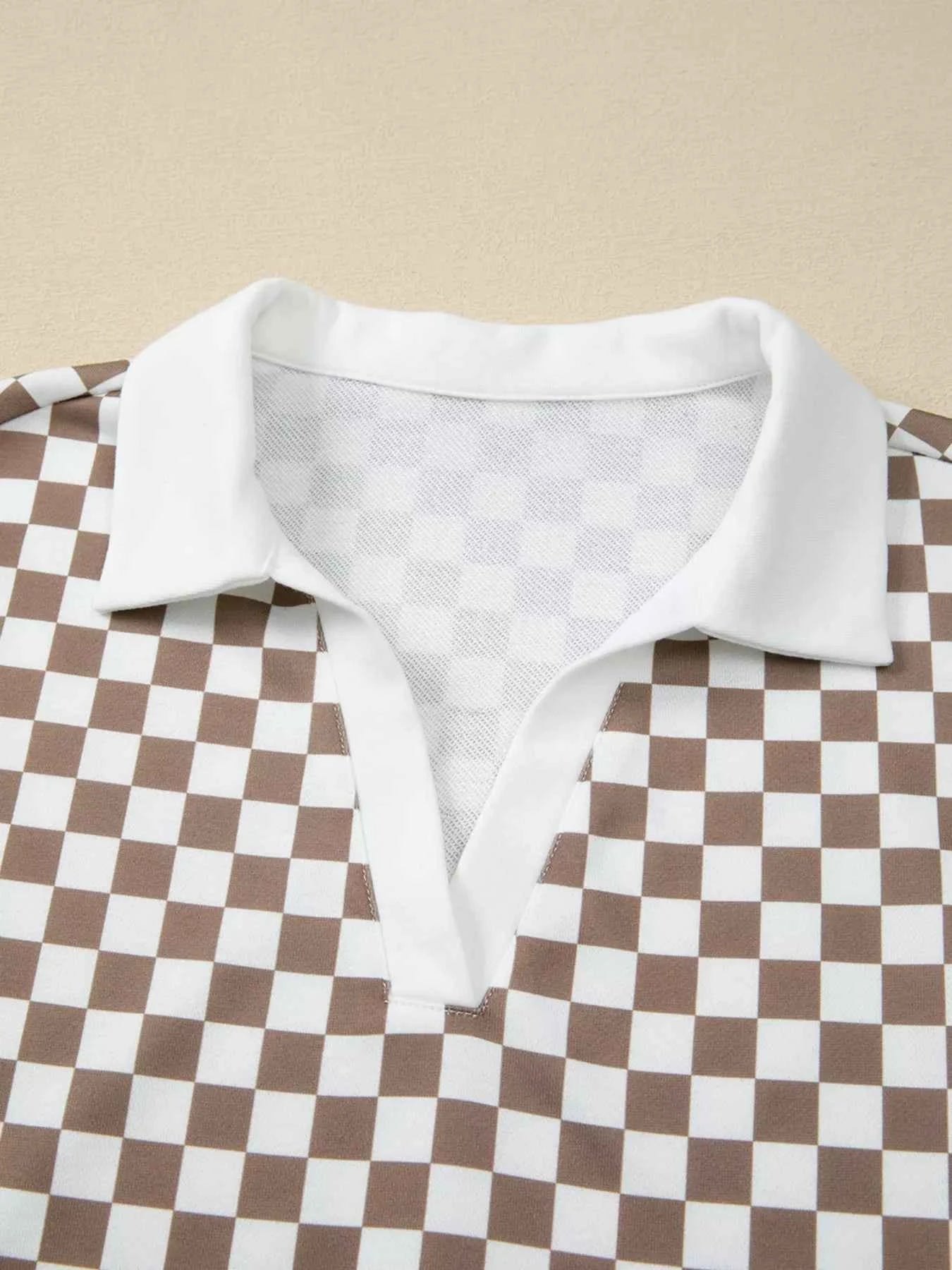 Checkered Print Polo Collar Cropped Long Sleeve Top and Drawstring Mini Skirt Set ca7aedb24e0149329ca70274d99f6d47-Max-Origin
