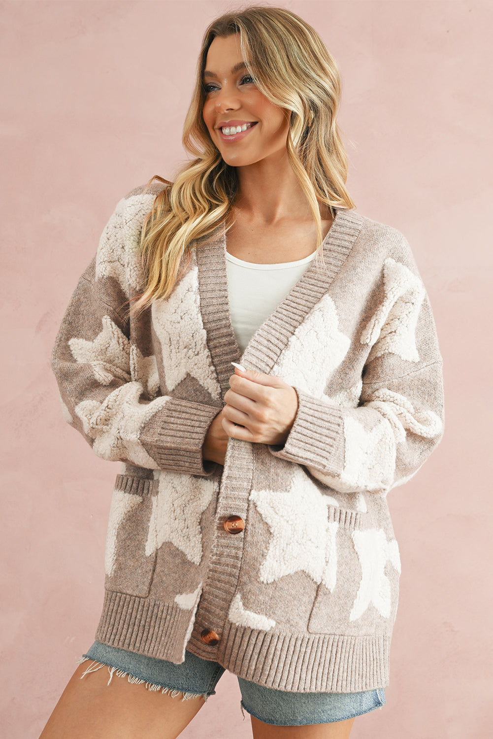 Khaki Star Pattern Pockets Button Front Cardigan ca914a690bf912f1