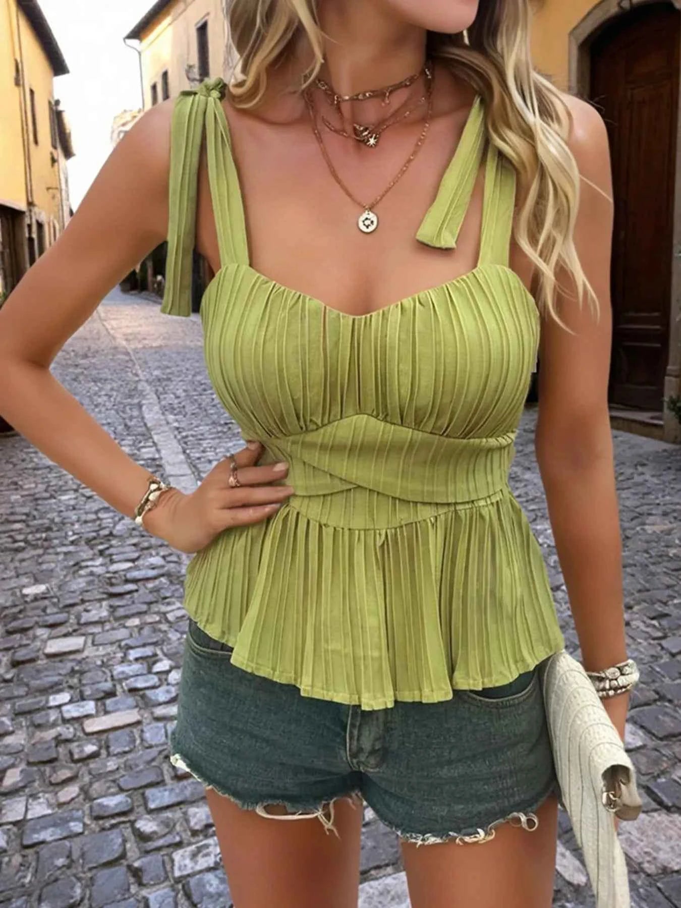 Pleated Tie-Shoulder Cami caae2d6fbeb544069c2020261c674ae5-Max-Origin