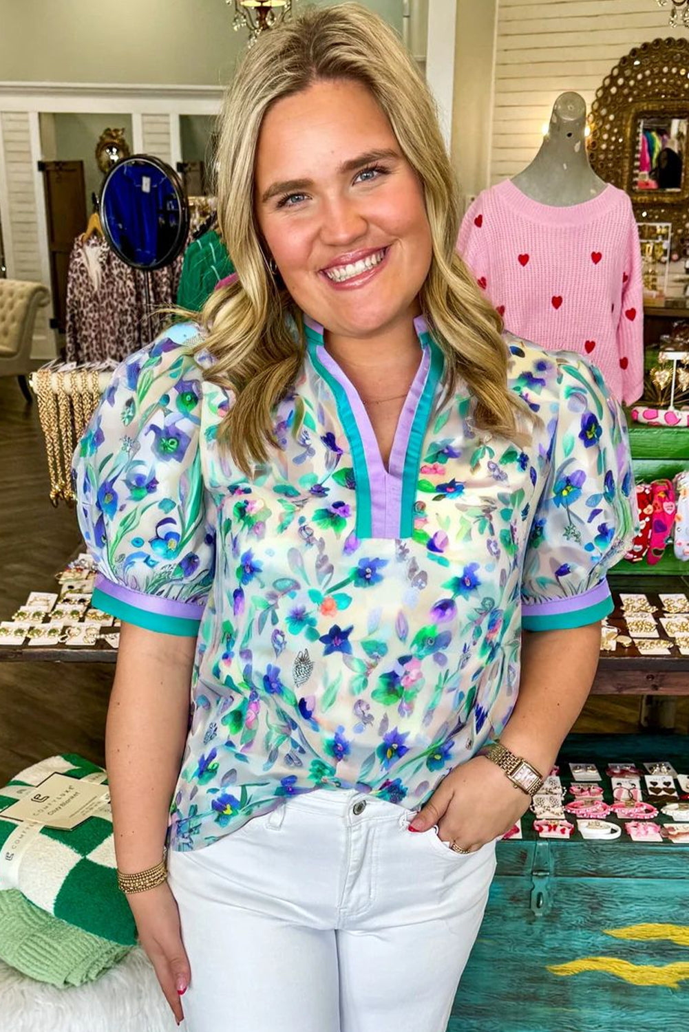 Green Floral Print Pop of Color Split Neck Puff Sleeve Plus Size Blouse cab159e556de8afb