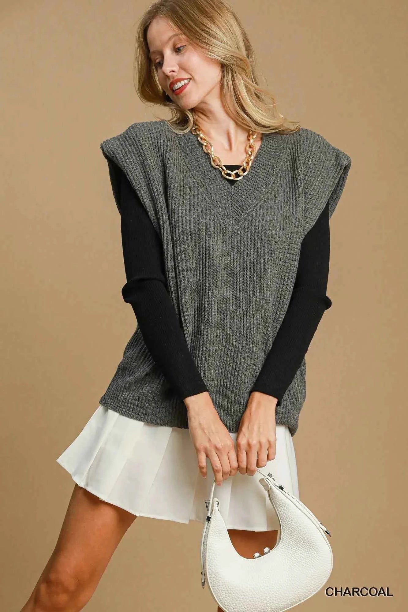Umgee Oversized V Neck Ribbed Sweater Vest CHARCOAL cabcb379-ffaa-4f44-bbfc-cd1f18fa7b30-Max-Origin